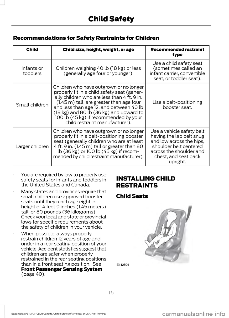 FORD EDGE 2016 2.G User Guide Recommendations for Safety Restraints for Children
Recommended restraint
type
Child size, height, weight, or age
Child
Use a child safety seat(sometimes called an
infant carrier, convertible seat, or 