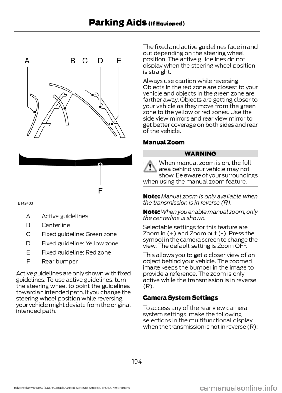 FORD EDGE 2016 2.G Manual PDF Active guidelines
A
Centerline
B
Fixed guideline: Green zone
C
Fixed guideline: Yellow zone
D
Fixed guideline: Red zone
E
Rear bumper
F
Active guidelines are only shown with fixed
guidelines. To use a FORD EDGE 2016 2.G Manual PDF Active guidelines
A
Centerline
B
Fixed guideline: Green zone
C
Fixed guideline: Yellow zone
D
Fixed guideline: Red zone
E
Rear bumper
F
Active guidelines are only shown with fixed
guidelines. To use a