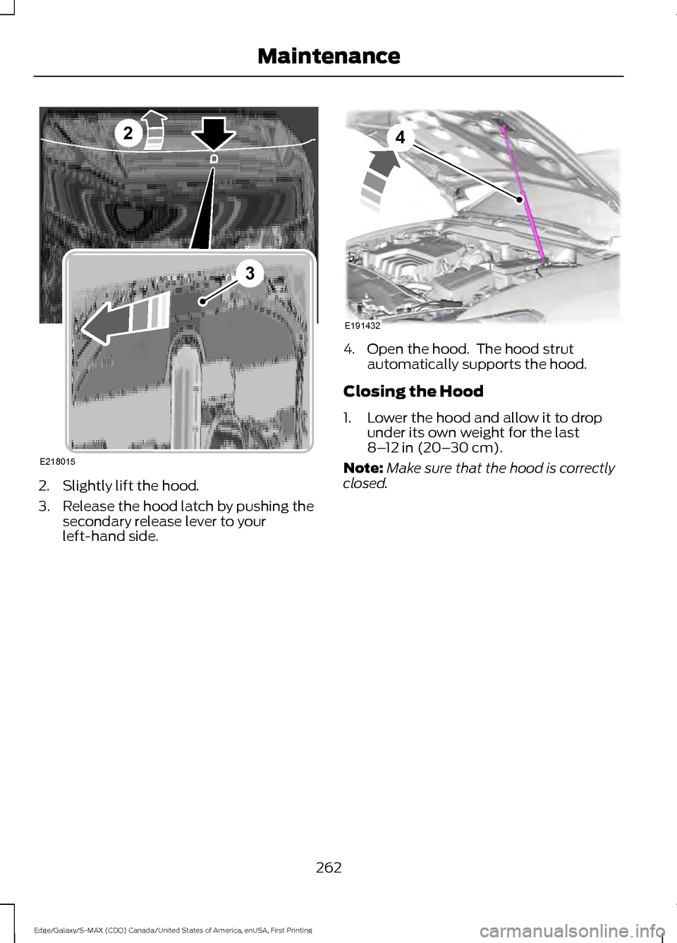 FORD EDGE 2016 2.G Owners Manual 2. Slightly lift the hood.
3. Release the hood latch by pushing the
secondary release lever to your
left-hand side. 4. Open the hood. The hood strut
automatically supports the hood.
Closing the Hood
FORD EDGE 2016 2.G Owners Manual 2. Slightly lift the hood.
3. Release the hood latch by pushing the
secondary release lever to your
left-hand side. 4. Open the hood. The hood strut
automatically supports the hood.
Closing the Hood