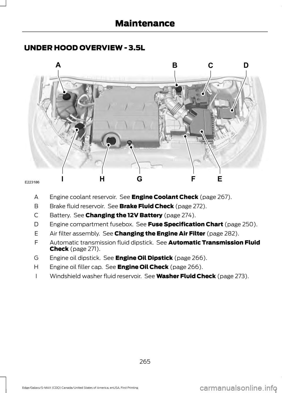 FORD EDGE 2016 2.G Owners Manual UNDER HOOD OVERVIEW - 3.5L
Engine coolant reservoir. See Engine Coolant Check (page 267).
A
Brake fluid reservoir. See
Brake Fluid Check (page 272).
B
Battery. See
Changing the 12V Battery (page FORD EDGE 2016 2.G Owners Manual UNDER HOOD OVERVIEW - 3.5L
Engine coolant reservoir. See Engine Coolant Check (page 267).
A
Brake fluid reservoir. See
Brake Fluid Check (page 272).
B
Battery. See
Changing the 12V Battery (page