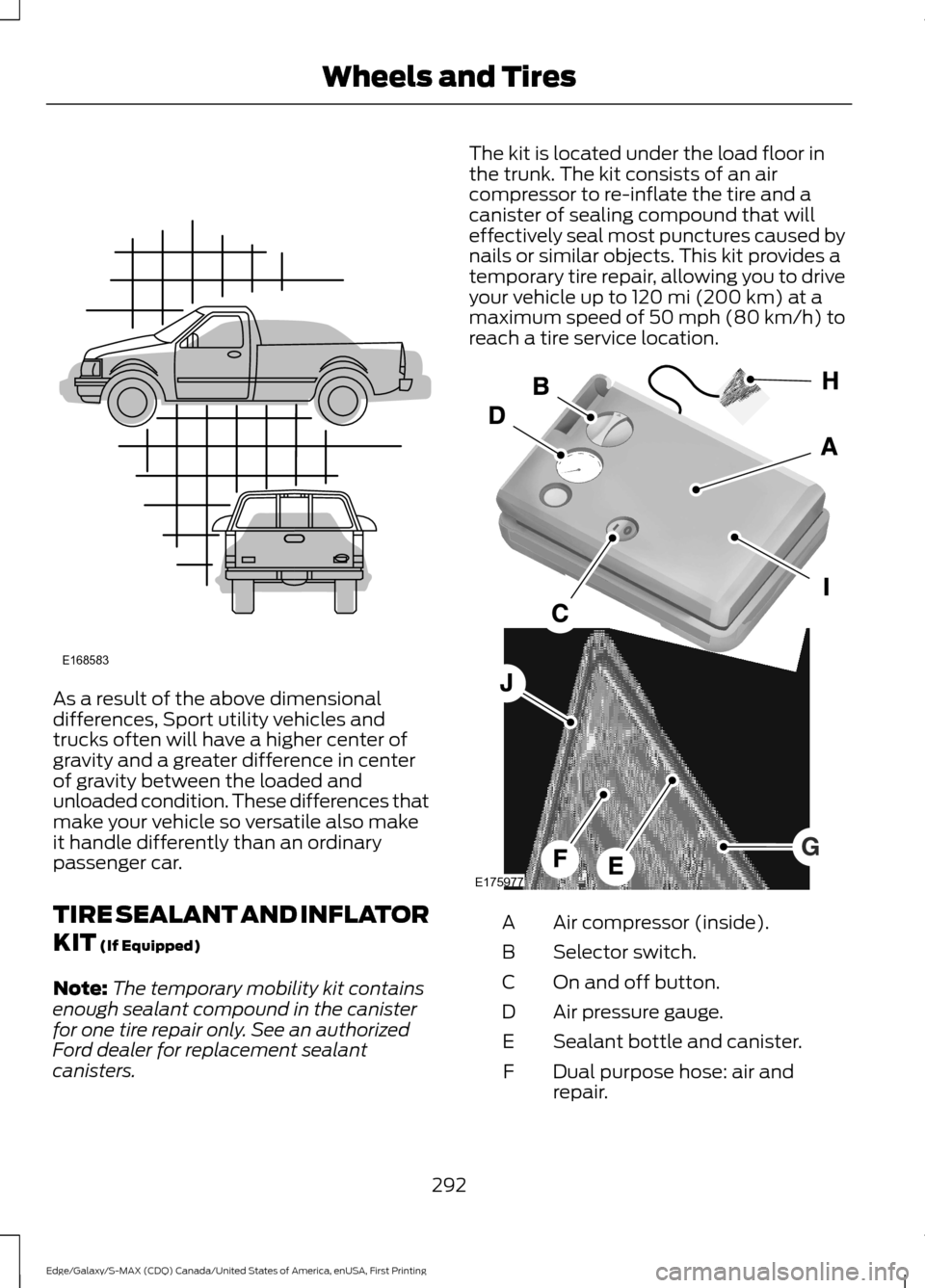 FORD EDGE 2016 2.G Owners Manual As a result of the above dimensional
differences, Sport utility vehicles and
trucks often will have a higher center of
gravity and a greater difference in center
of gravity between the loaded and
unlo FORD EDGE 2016 2.G Owners Manual As a result of the above dimensional
differences, Sport utility vehicles and
trucks often will have a higher center of
gravity and a greater difference in center
of gravity between the loaded and
unlo