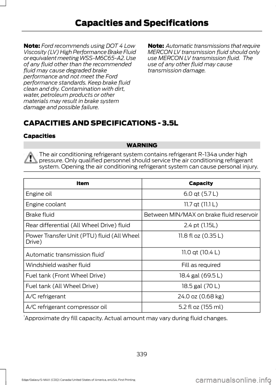 FORD EDGE 2016 2.G Owners Manual Note:
Ford recommends using DOT 4 Low
Viscosity (LV) High Performance Brake Fluid
or equivalent meeting WSS-M6C65-A2. Use
of any fluid other than the recommended
fluid may cause degraded brake
perform FORD EDGE 2016 2.G Owners Manual Note:
Ford recommends using DOT 4 Low
Viscosity (LV) High Performance Brake Fluid
or equivalent meeting WSS-M6C65-A2. Use
of any fluid other than the recommended
fluid may cause degraded brake
perform