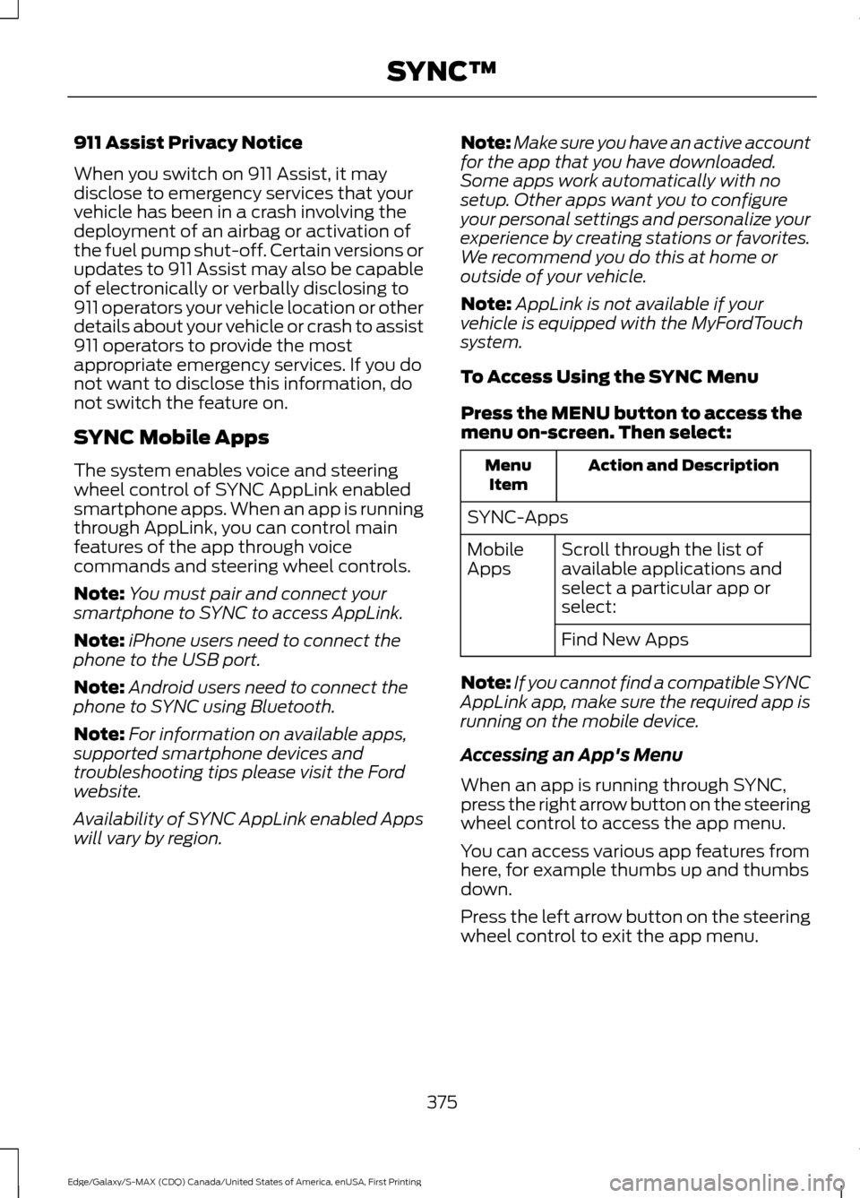 FORD EDGE 2016 2.G User Guide 911 Assist Privacy Notice
When you switch on 911 Assist, it may
disclose to emergency services that your
vehicle has been in a crash involving the
deployment of an airbag or activation of
the fuel pum FORD EDGE 2016 2.G User Guide 911 Assist Privacy Notice
When you switch on 911 Assist, it may
disclose to emergency services that your
vehicle has been in a crash involving the
deployment of an airbag or activation of
the fuel pum