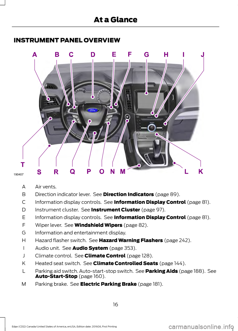 FORD EDGE 2017 2.G User Guide INSTRUMENT PANEL OVERVIEW
Air vents.
A
Direction indicator lever.  See Direction Indicators (page 89).
B
Information display controls.  See 
Information Display Control (page 81).
C
Instrument cluster