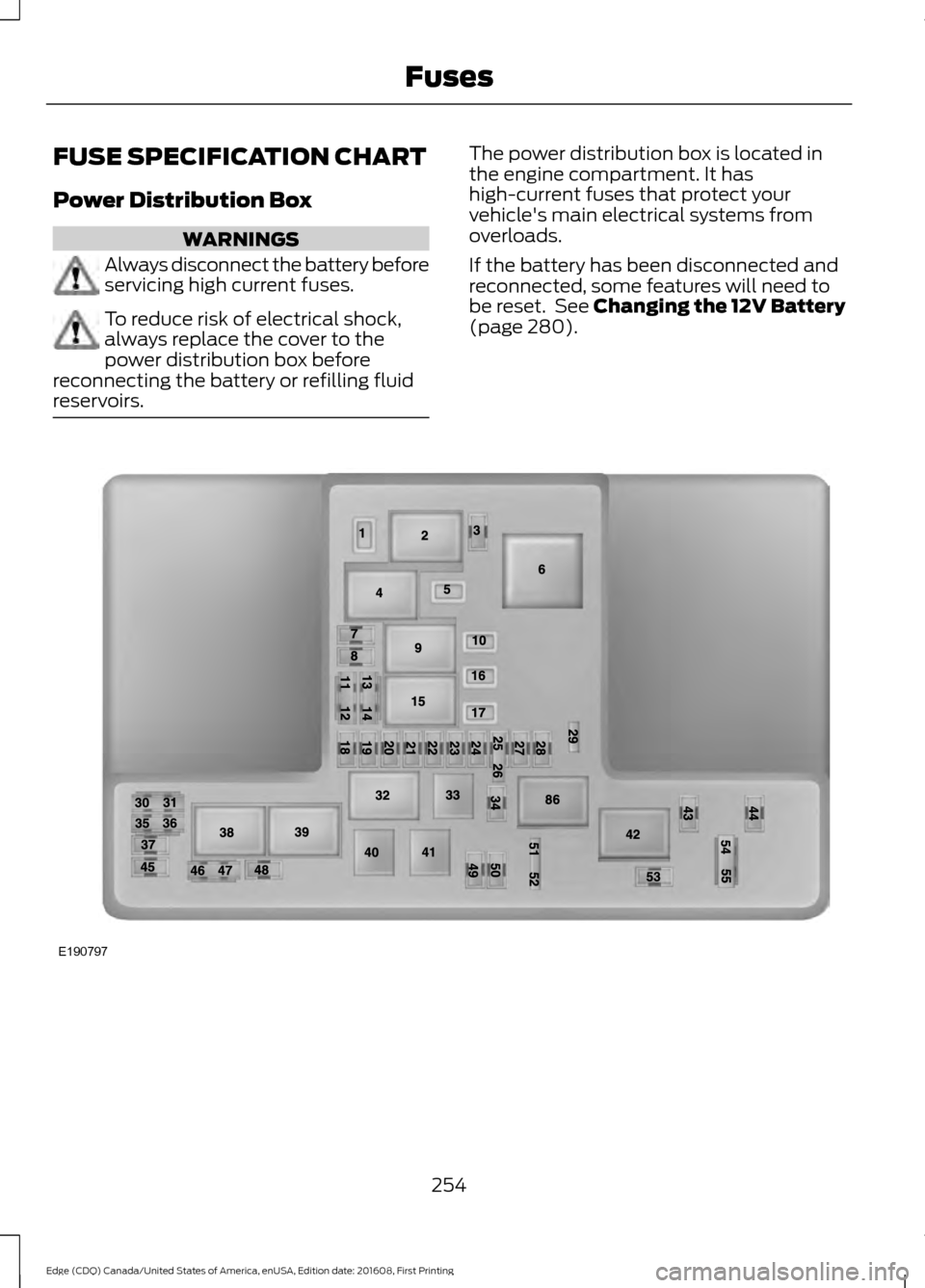 FORD EDGE 2017 2.G Owners Manual FUSE SPECIFICATION CHART
Power Distribution Box
WARNINGS
Always disconnect the battery before
servicing high current fuses.
To reduce risk of electrical shock,
always replace the cover to the
power di FORD EDGE 2017 2.G Owners Manual FUSE SPECIFICATION CHART
Power Distribution Box
WARNINGS
Always disconnect the battery before
servicing high current fuses.
To reduce risk of electrical shock,
always replace the cover to the
power di