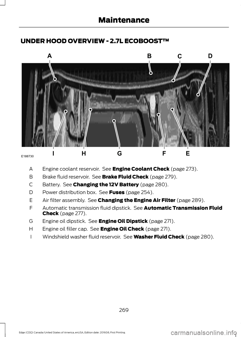 FORD EDGE 2017 2.G Owners Manual UNDER HOOD OVERVIEW - 2.7L ECOBOOST™
Engine coolant reservoir.  See Engine Coolant Check (page 273).
A
Brake fluid reservoir.  See 
Brake Fluid Check (page 279).
B
Battery.  See 
Changing the 12V Ba