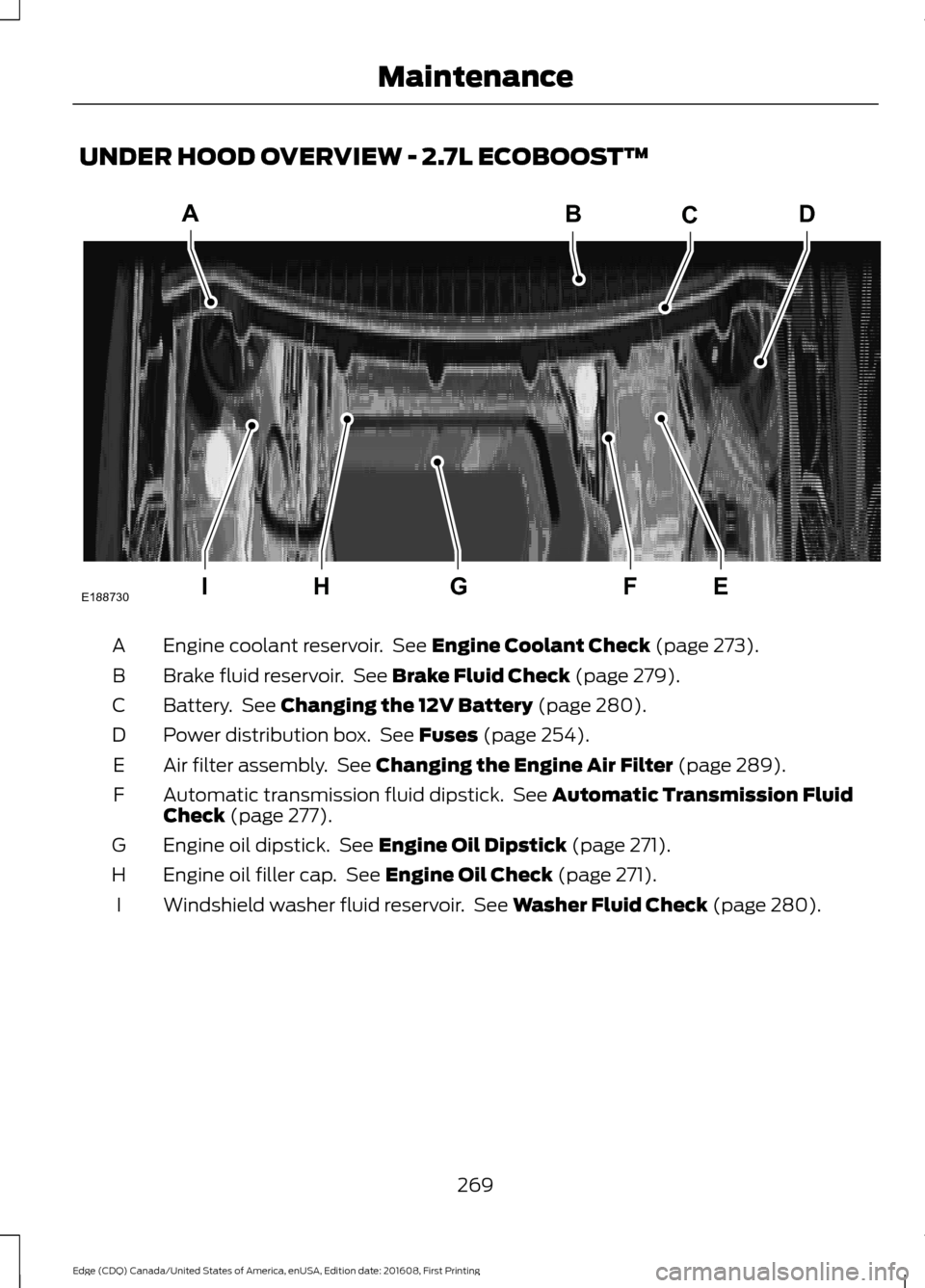 FORD EDGE 2017 2.G Owners Manual UNDER HOOD OVERVIEW - 2.7L ECOBOOST™
Engine coolant reservoir. See Engine Coolant Check (page 273).
A
Brake fluid reservoir. See
Brake Fluid Check (page 279).
B
Battery. See
Changing the 12V Ba FORD EDGE 2017 2.G Owners Manual UNDER HOOD OVERVIEW - 2.7L ECOBOOST™
Engine coolant reservoir. See Engine Coolant Check (page 273).
A
Brake fluid reservoir. See
Brake Fluid Check (page 279).
B
Battery. See
Changing the 12V Ba