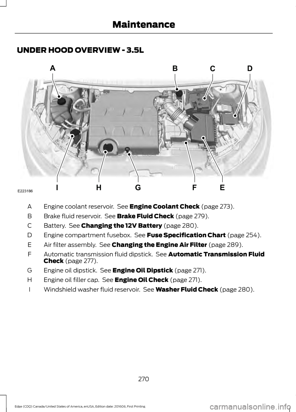 FORD EDGE 2017 2.G Owners Manual UNDER HOOD OVERVIEW - 3.5L
Engine coolant reservoir.  See Engine Coolant Check (page 273).
A
Brake fluid reservoir.  See 
Brake Fluid Check (page 279).
B
Battery.  See 
Changing the 12V Battery (page 
