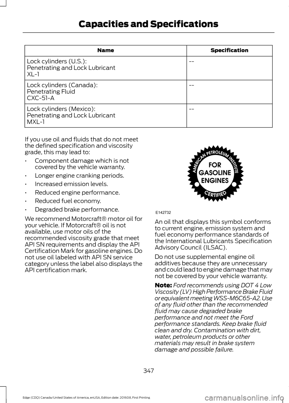 FORD EDGE 2017 2.G Owners Manual Specification
Name
--
Lock cylinders (U.S.):
Penetrating and Lock Lubricant
XL-1
--
Lock cylinders (Canada):
Penetrating Fluid
CXC-51-A
--
Lock cylinders (Mexico):
Penetrating and Lock Lubricant
MXL-1