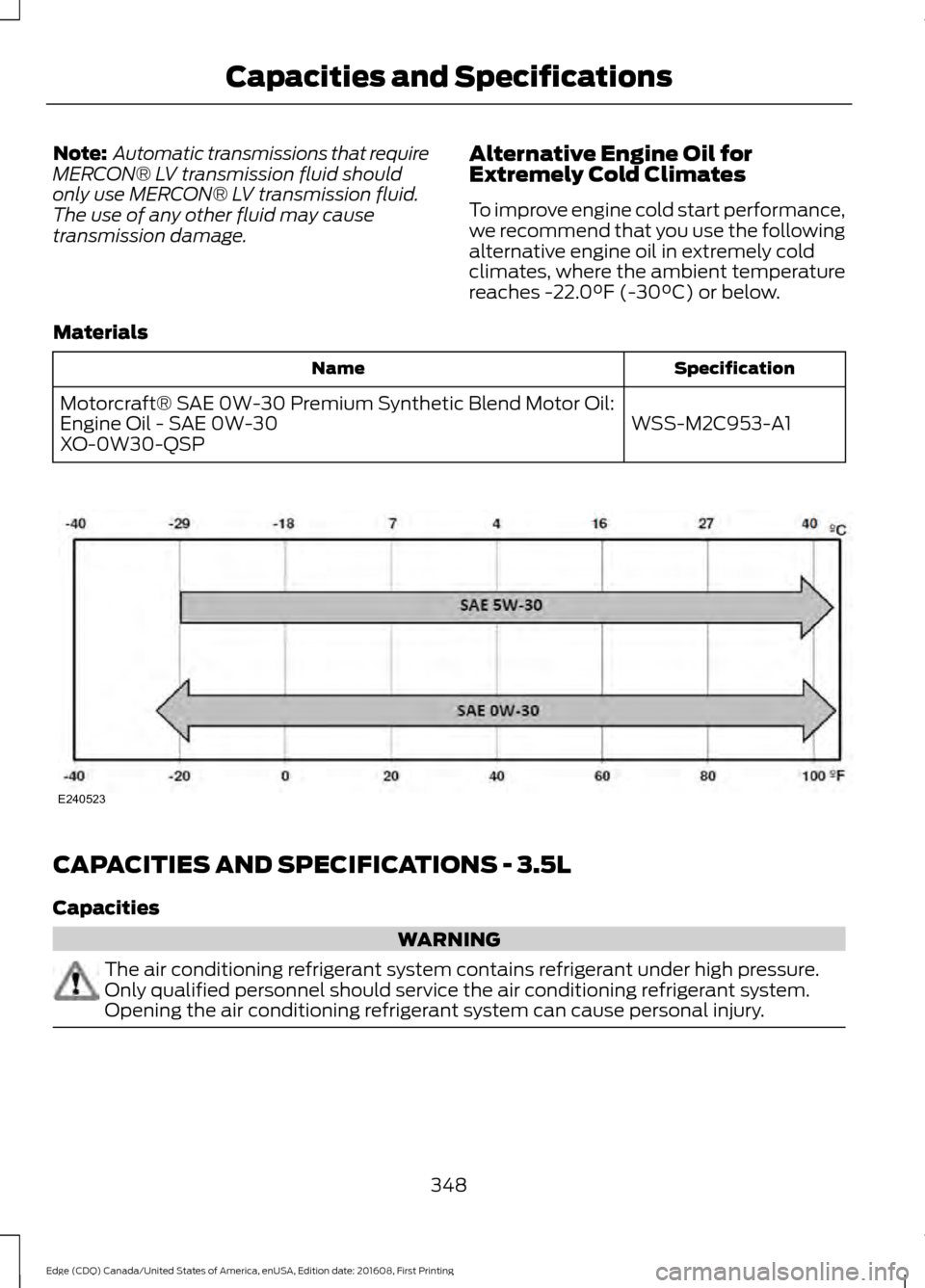 FORD EDGE 2017 2.G Owners Manual Note:
Automatic transmissions that require
MERCON® LV transmission fluid should
only use MERCON® LV transmission fluid.
The use of any other fluid may cause
transmission damage. Alternative Engine FORD EDGE 2017 2.G Owners Manual Note:
Automatic transmissions that require
MERCON® LV transmission fluid should
only use MERCON® LV transmission fluid.
The use of any other fluid may cause
transmission damage. Alternative Engine