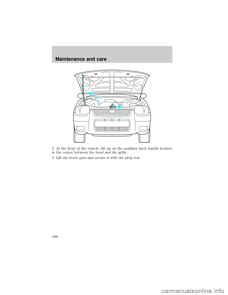 FORD ESCAPE 2001 1.G Owners Manual 2. At the front of the vehicle, lift up on the auxiliary latch handle located
in the center between the hood and the grille.
3. Lift the hood open and secure it with the prop rod.
Maintenance and care