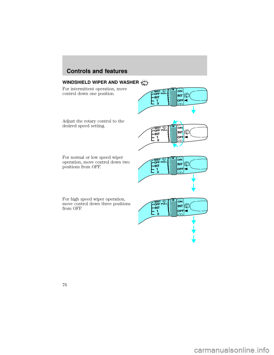 FORD ESCAPE 2001 1.G Manual PDF WINDSHIELD WIPER AND WASHER
For intermittent operation, move
control down one position.
Adjust the rotary control to the
desired speed setting.
For normal or low speed wiper
operation, move control do