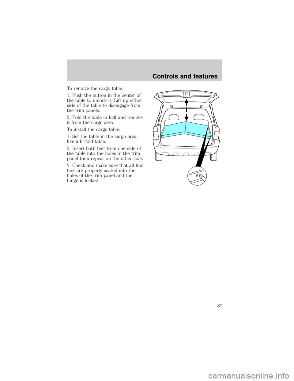 FORD ESCAPE 2001 1.G Manual Online To remove the cargo table:
1. Push the button in the center of
the table to unlock it. Lift up either
side of the table to disengage from
the trim panels.
2. Fold the table in half and remove
it from 