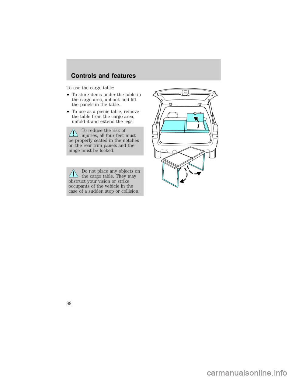 FORD ESCAPE 2001 1.G Manual Online To use the cargo table:
²To store items under the table in
the cargo area, unhook and lift
the panels in the table.
²To use as a picnic table, remove
the table from the cargo area,
unfold it and ext