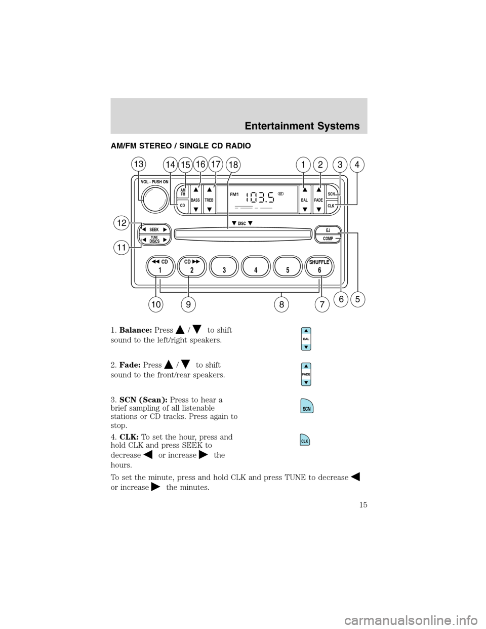 FORD ESCAPE 2003 1.G User Guide AM/FM STEREO / SINGLE CD RADIO
1.Balance:Press
/to shift
sound to the left/right speakers.
2.Fade:Press
/to shift
sound to the front/rear speakers.
3.SCN (Scan):Press to hear a
brief sampling of all l FORD ESCAPE 2003 1.G User Guide AM/FM STEREO / SINGLE CD RADIO
1.Balance:Press
/to shift
sound to the left/right speakers.
2.Fade:Press
/to shift
sound to the front/rear speakers.
3.SCN (Scan):Press to hear a
brief sampling of all l