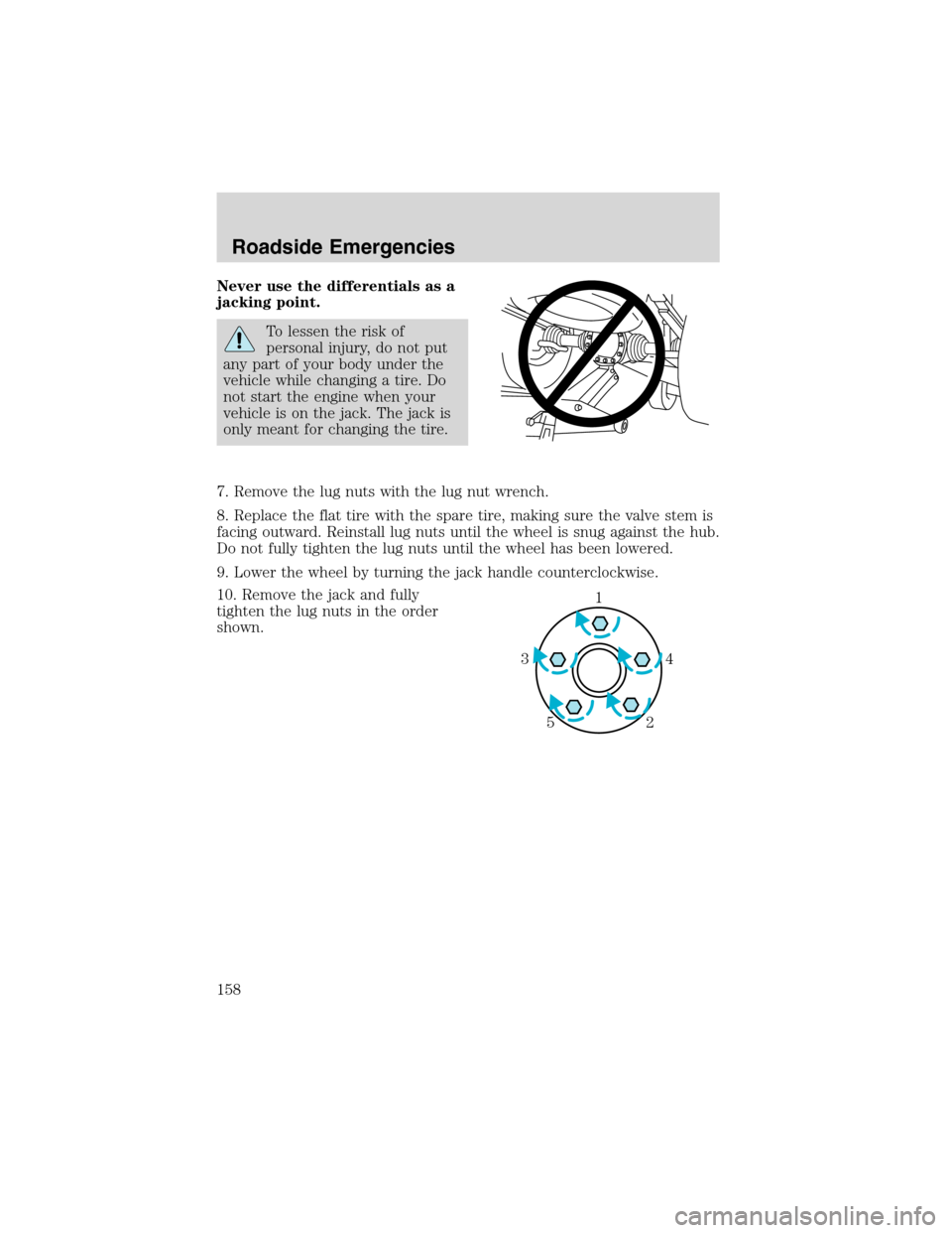 FORD ESCAPE 2003 1.G Owners Manual Never use the differentials as a
jacking point.
To lessen the risk of
personal injury, do not put
any part of your body under the
vehicle while changing a tire. Do
not start the engine when your
vehic