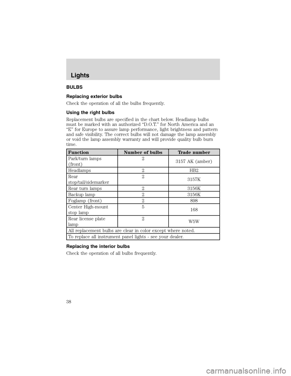 FORD ESCAPE 2003 1.G Owners Manual BULBS
Replacing exterior bulbs
Check the operation of all the bulbs frequently.
Using the right bulbs
Replacement bulbs are specified in the chart below. Headlamp bulbs
must be marked with an authoriz FORD ESCAPE 2003 1.G Owners Manual BULBS
Replacing exterior bulbs
Check the operation of all the bulbs frequently.
Using the right bulbs
Replacement bulbs are specified in the chart below. Headlamp bulbs
must be marked with an authoriz