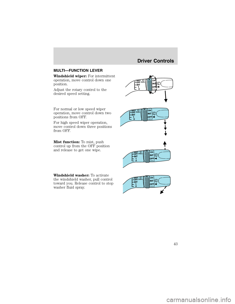 FORD ESCAPE 2003 1.G Service Manual MULTI—FUNCTION LEVER
Windshield wiper:For intermittent
operation, move control down one
position.
Adjust the rotary control to the
desired speed setting.
For normal or low speed wiper
operation, mov