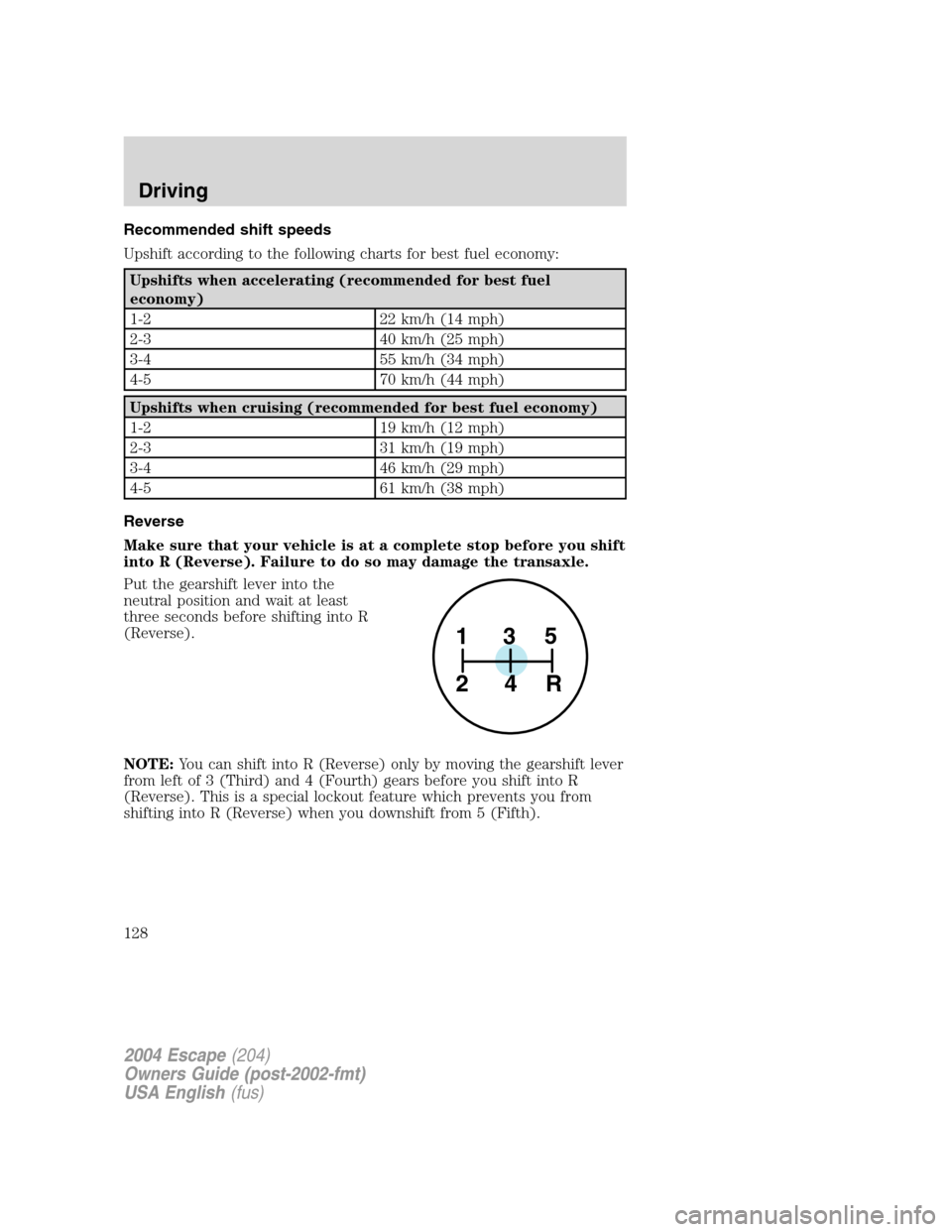 FORD ESCAPE 2004 1.G Owners Manual Recommended shift speeds
Upshift according to the following charts for best fuel economy:
Upshifts when accelerating (recommended for best fuel
economy)
1-2 22 km/h (14 mph)
2-3 40 km/h (25 mph)
3-4 5