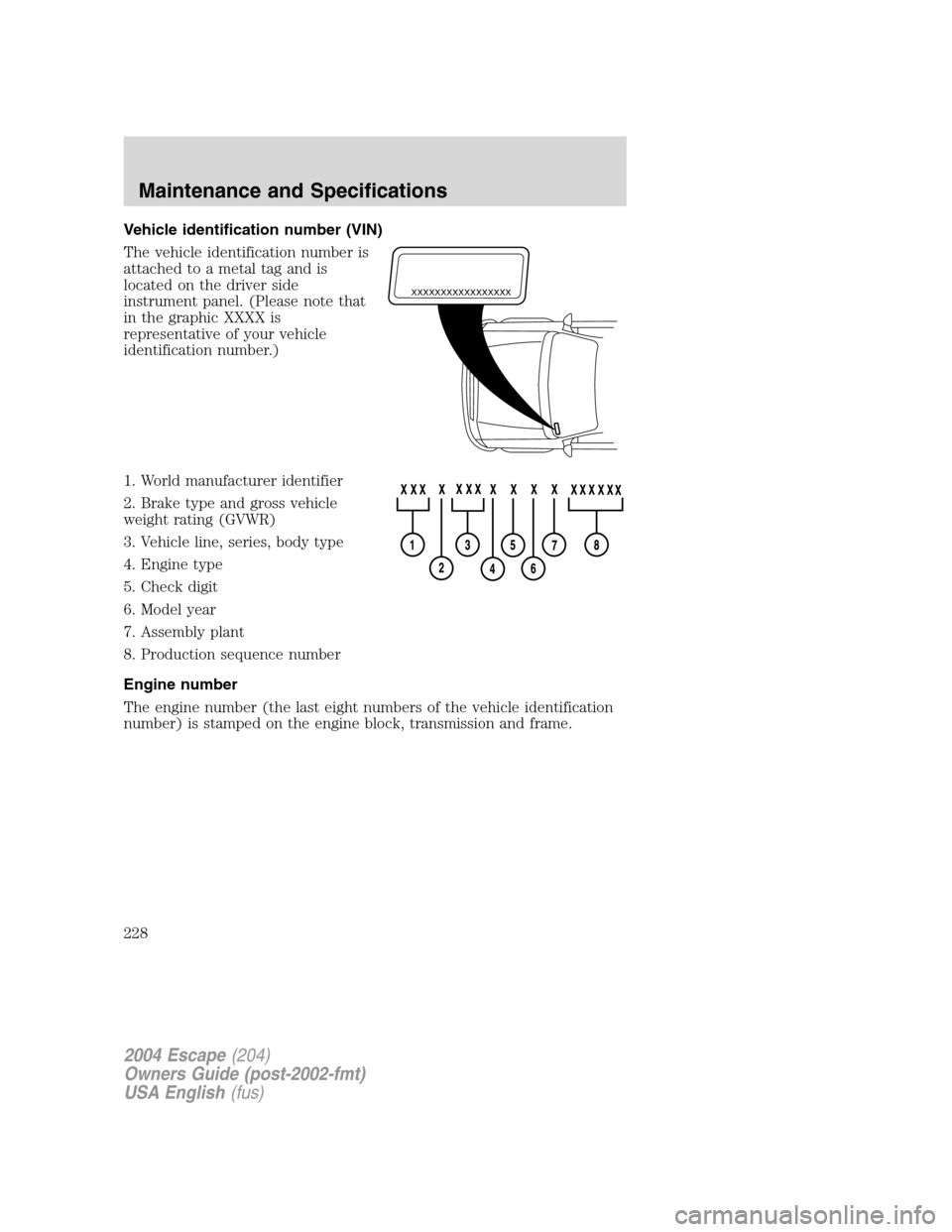 FORD ESCAPE 2004 1.G Owners Manual Vehicle identification number (VIN)
The vehicle identification number is
attached to a metal tag and is
located on the driver side
instrument panel. (Please note that
in the graphic XXXX is
representa