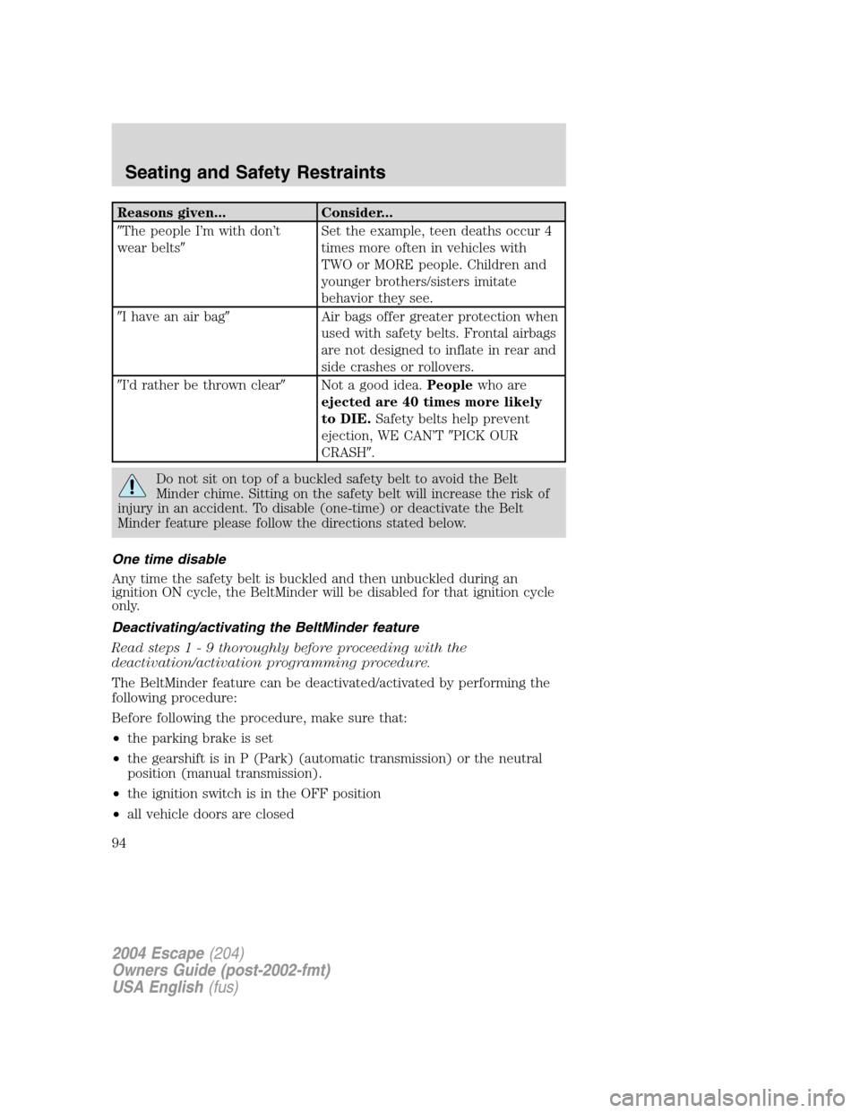 FORD ESCAPE 2004 1.G Owners Manual Reasons given... Consider...
The people I’m with don’t
wear beltsSet the example, teen deaths occur 4
times more often in vehicles with
TWO or MORE people. Children and
younger brothers/sisters 