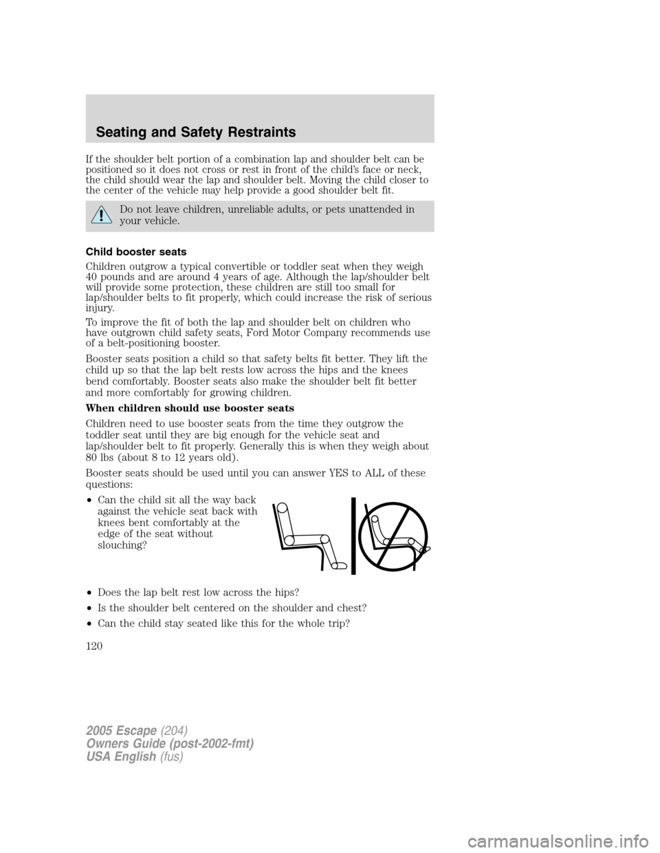 FORD ESCAPE 2005 1.G Owners Manual If the shoulder belt portion of a combination lap and shoulder belt can be
positioned so it does not cross or rest in front of the child’s face or neck,
the child should wear the lap and shoulder be