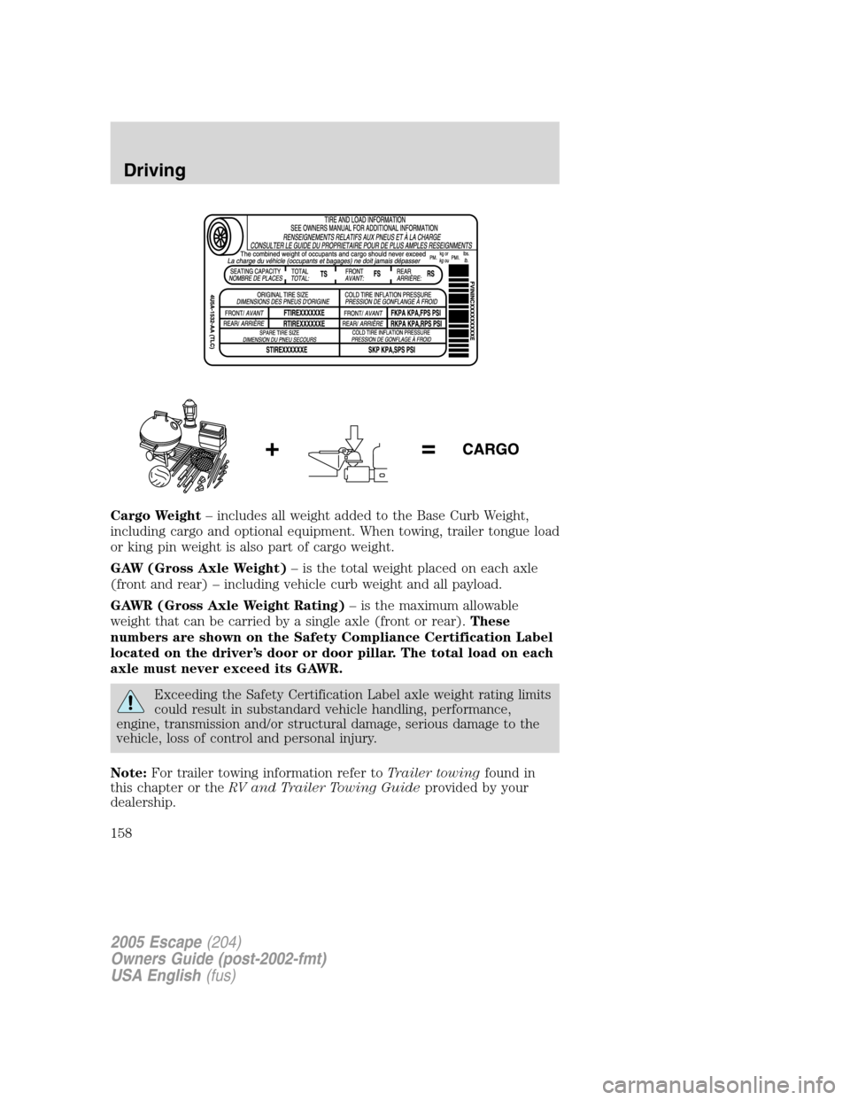 FORD ESCAPE 2005 1.G Owners Guide Cargo Weight–includes all weight added to the Base Curb Weight,
including cargo and optional equipment. When towing, trailer tongue load
or king pin weight is also part of cargo weight.
GAW (Gross A FORD ESCAPE 2005 1.G Owners Guide Cargo Weight–includes all weight added to the Base Curb Weight,
including cargo and optional equipment. When towing, trailer tongue load
or king pin weight is also part of cargo weight.
GAW (Gross A