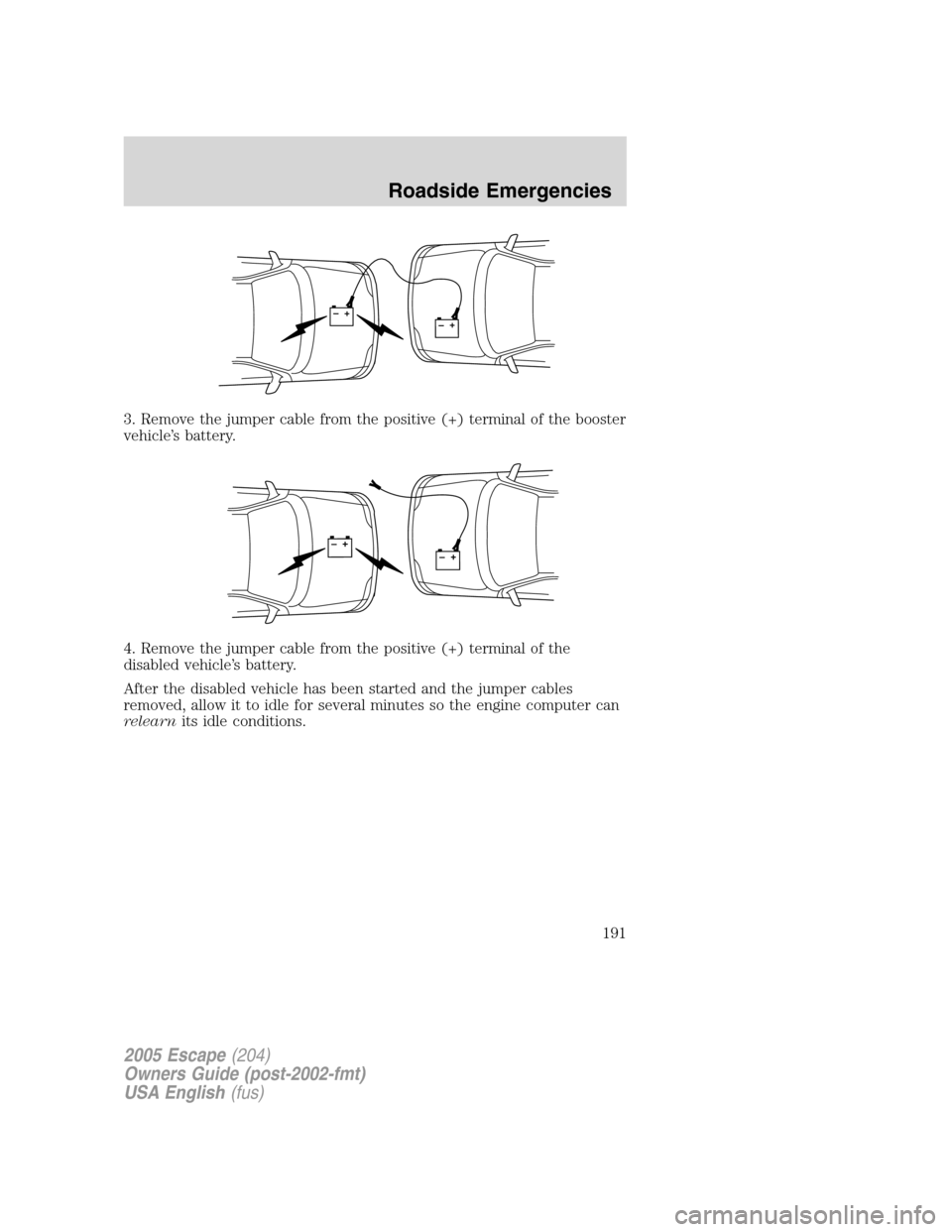 FORD ESCAPE 2005 1.G Owners Manual 3. Remove the jumper cable from the positive (+) terminal of the booster
vehicle’s battery.
4. Remove the jumper cable from the positive (+) terminal of the
disabled vehicle’s battery.
After the d