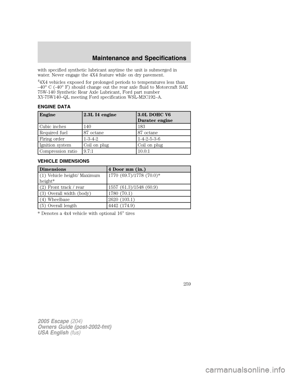 FORD ESCAPE 2005 1.G Owners Manual with specified synthetic lubricant anytime the unit is submerged in
water. Never engage the 4X4 feature while on dry pavement.
44X4 vehicles exposed for prolonged periods to temperatures less than
–