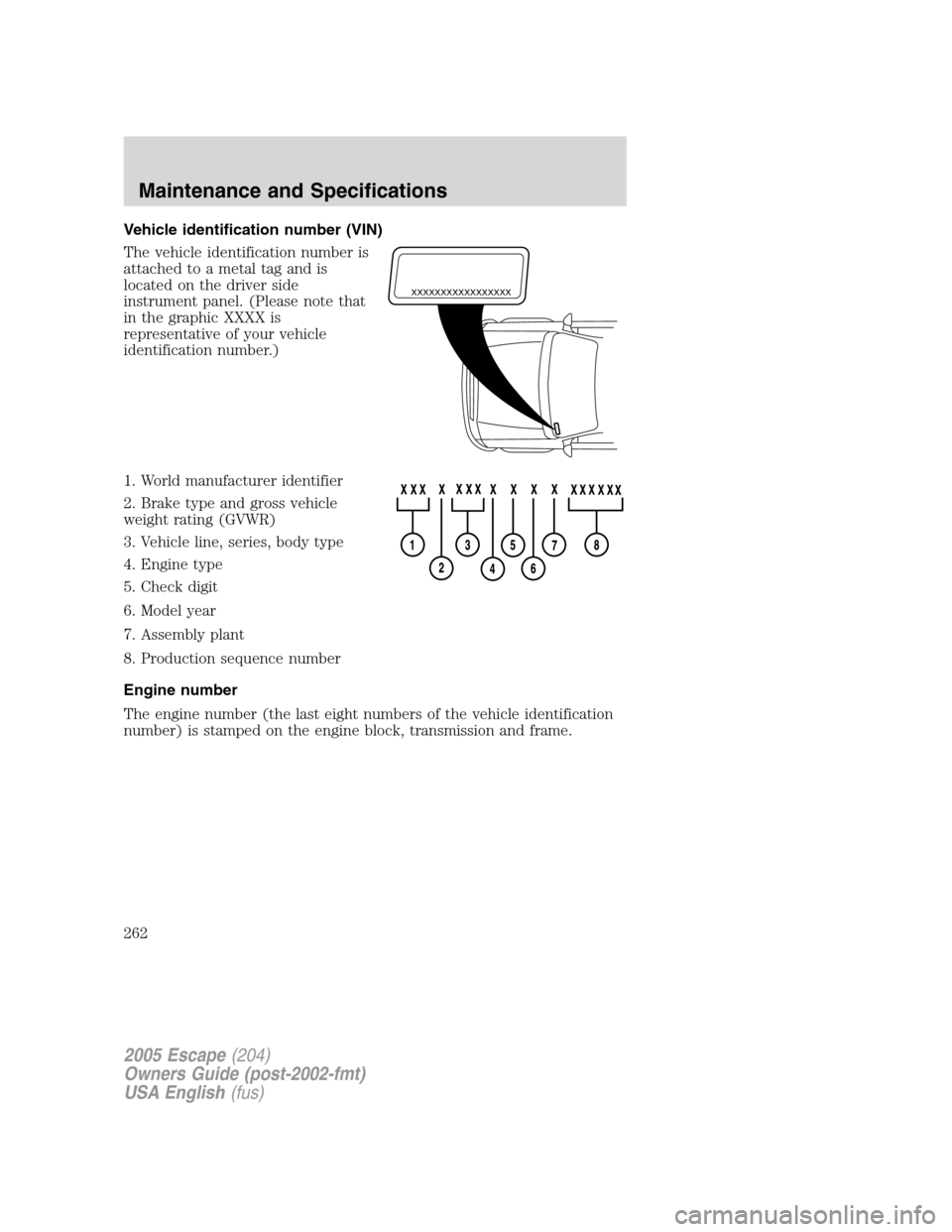 FORD ESCAPE 2005 1.G Owners Manual Vehicle identification number (VIN)
The vehicle identification number is
attached to a metal tag and is
located on the driver side
instrument panel. (Please note that
in the graphic XXXX is
representa