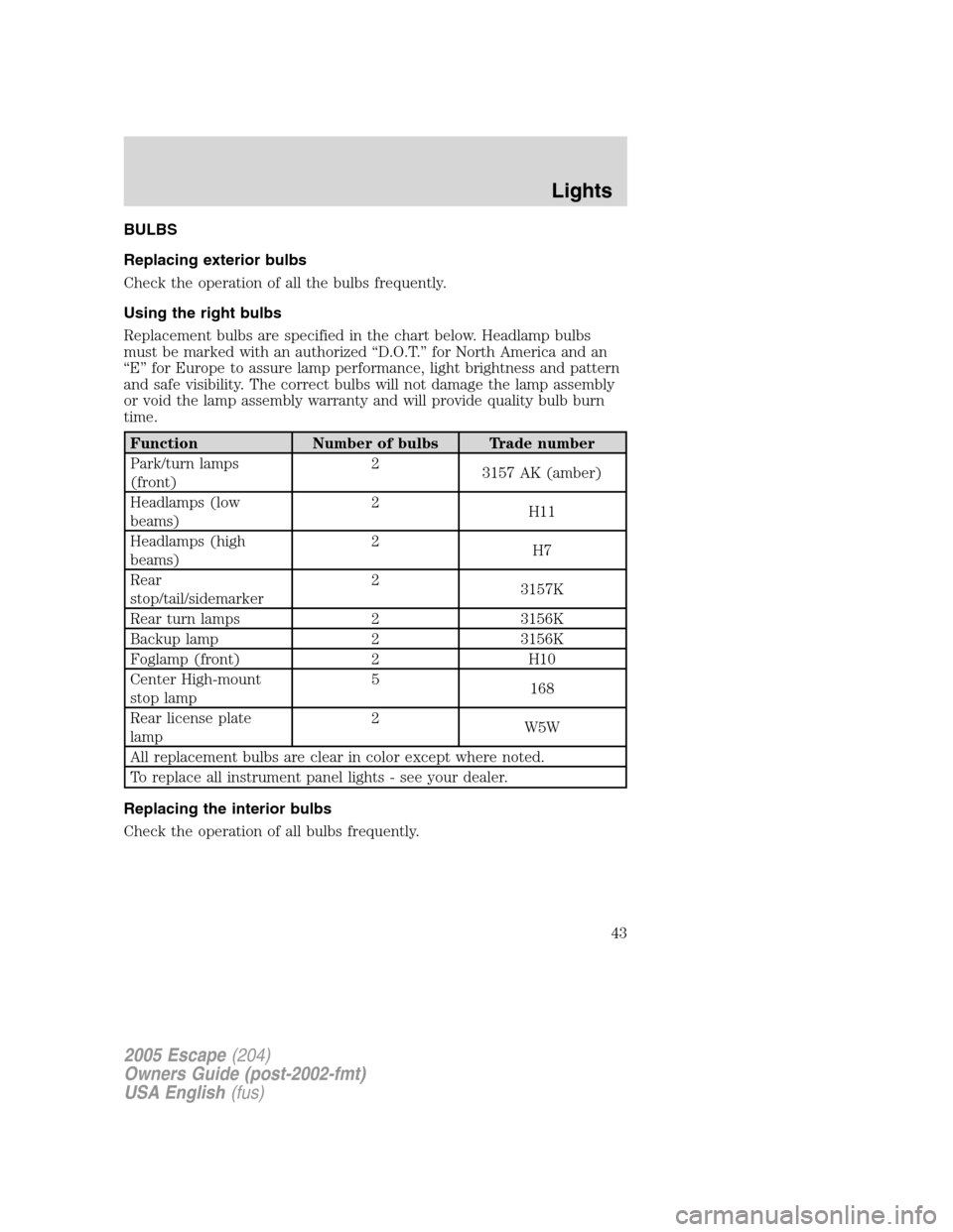 FORD ESCAPE 2005 1.G Service Manual BULBS
Replacing exterior bulbs
Check the operation of all the bulbs frequently.
Using the right bulbs
Replacement bulbs are specified in the chart below. Headlamp bulbs
must be marked with an authoriz FORD ESCAPE 2005 1.G Service Manual BULBS
Replacing exterior bulbs
Check the operation of all the bulbs frequently.
Using the right bulbs
Replacement bulbs are specified in the chart below. Headlamp bulbs
must be marked with an authoriz