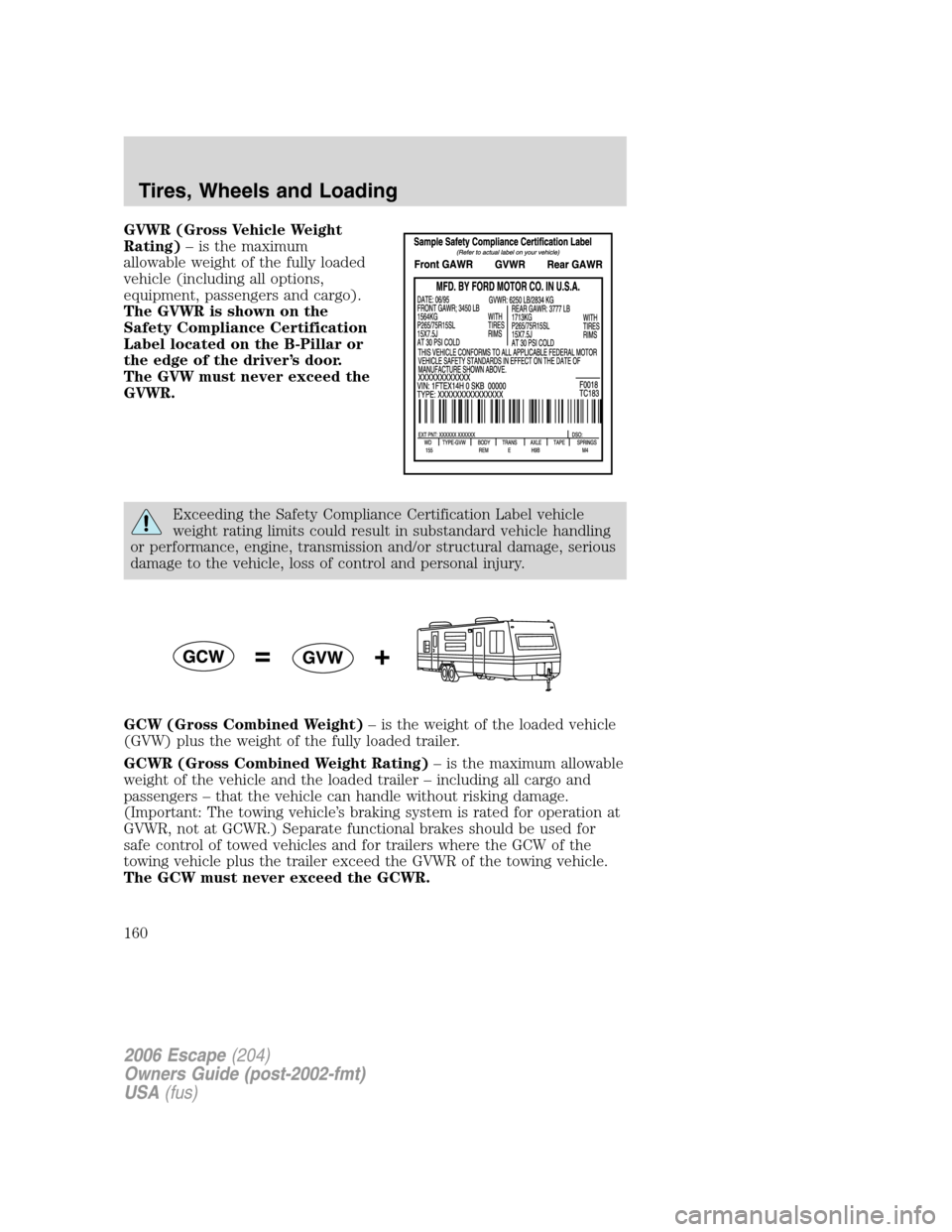 FORD ESCAPE 2006 1.G Owners Manual GVWR (Gross Vehicle Weight
Rating)– is the maximum
allowable weight of the fully loaded
vehicle (including all options,
equipment, passengers and cargo).
The GVWR is shown on the
Safety Compliance C
