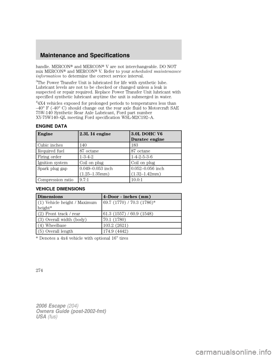 FORD ESCAPE 2006 1.G Owners Guide handle. MERCONand MERCONV are not interchangeable. DO NOT
mix MERCONand MERCONV. Refer to yourscheduled maintenance
informationto determine the correct service interval.
3The Power Transfer Unit i