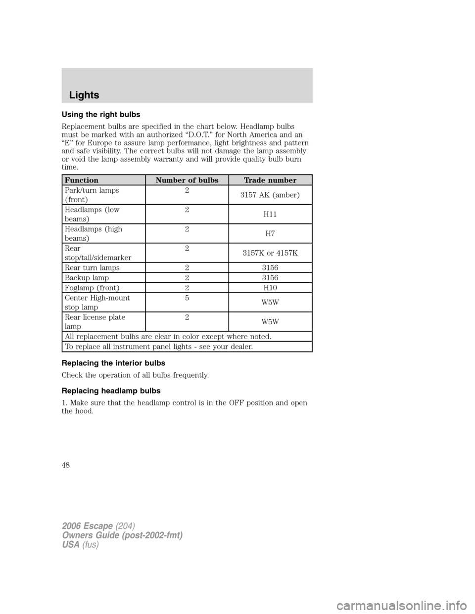 FORD ESCAPE 2006 1.G Service Manual Using the right bulbs
Replacement bulbs are specified in the chart below. Headlamp bulbs
must be marked with an authorized “D.O.T.” for North America and an
“E” for Europe to assure lamp perfo FORD ESCAPE 2006 1.G Service Manual Using the right bulbs
Replacement bulbs are specified in the chart below. Headlamp bulbs
must be marked with an authorized “D.O.T.” for North America and an
“E” for Europe to assure lamp perfo