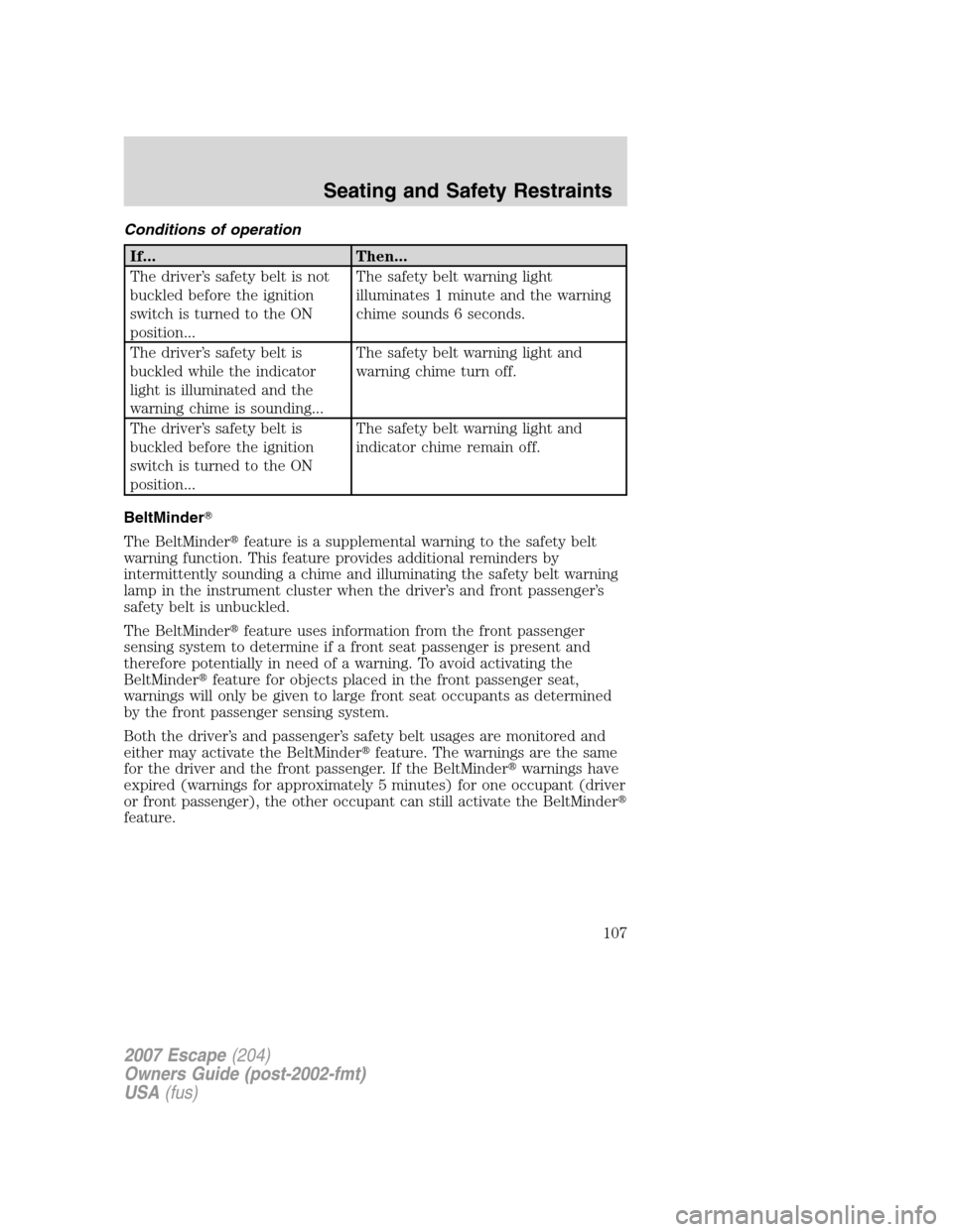 FORD ESCAPE 2007 2.G Owners Manual Conditions of operation
If... Then...
The driver’s safety belt is not
buckled before the ignition
switch is turned to the ON
position...The safety belt warning light
illuminates 1 minute and the war