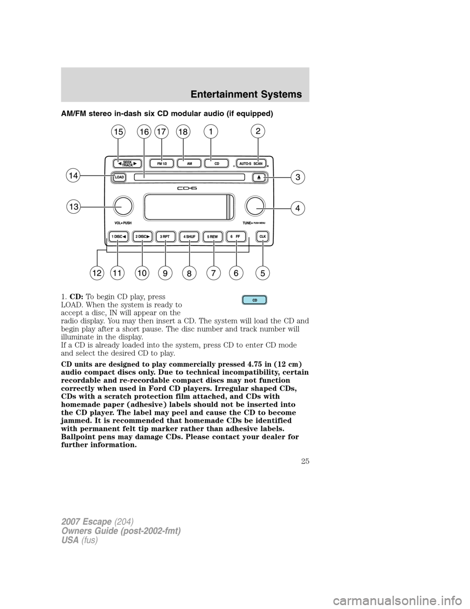 FORD ESCAPE 2007 2.G Owners Manual AM/FM stereo in-dash six CD modular audio (if equipped)
1.CD:To begin CD play, press
LOAD. When the system is ready to
accept a disc, IN will appear on the
radio display. You may then insert a CD. The FORD ESCAPE 2007 2.G Owners Manual AM/FM stereo in-dash six CD modular audio (if equipped)
1.CD:To begin CD play, press
LOAD. When the system is ready to
accept a disc, IN will appear on the
radio display. You may then insert a CD. The