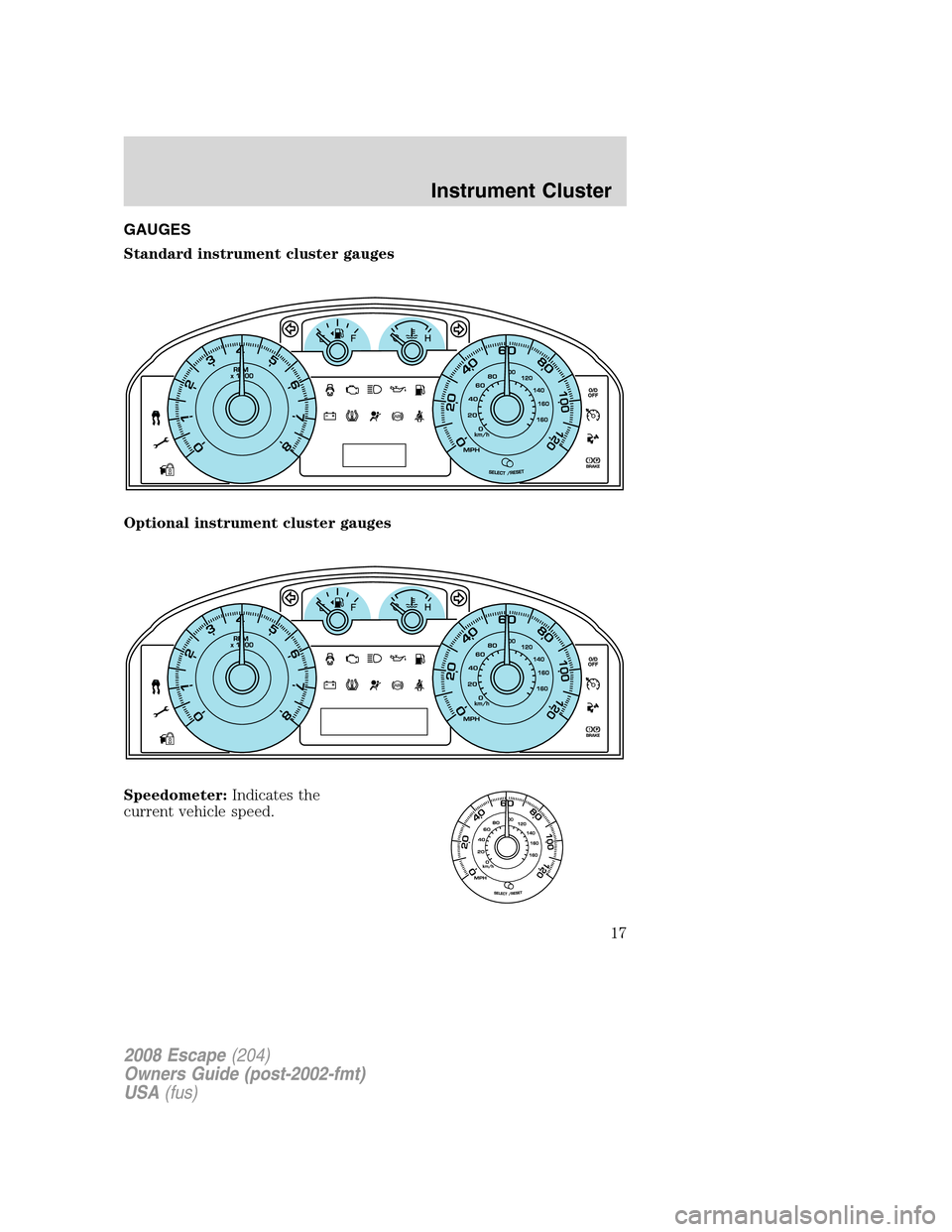 FORD ESCAPE 2008 2.G User Guide GAUGES
Standard instrument cluster gauges
Optional instrument cluster gauges
Speedometer:Indicates the
current vehicle speed.
2008 Escape(204)
Owners Guide (post-2002-fmt)
USA(fus)
Instrument Cluster
