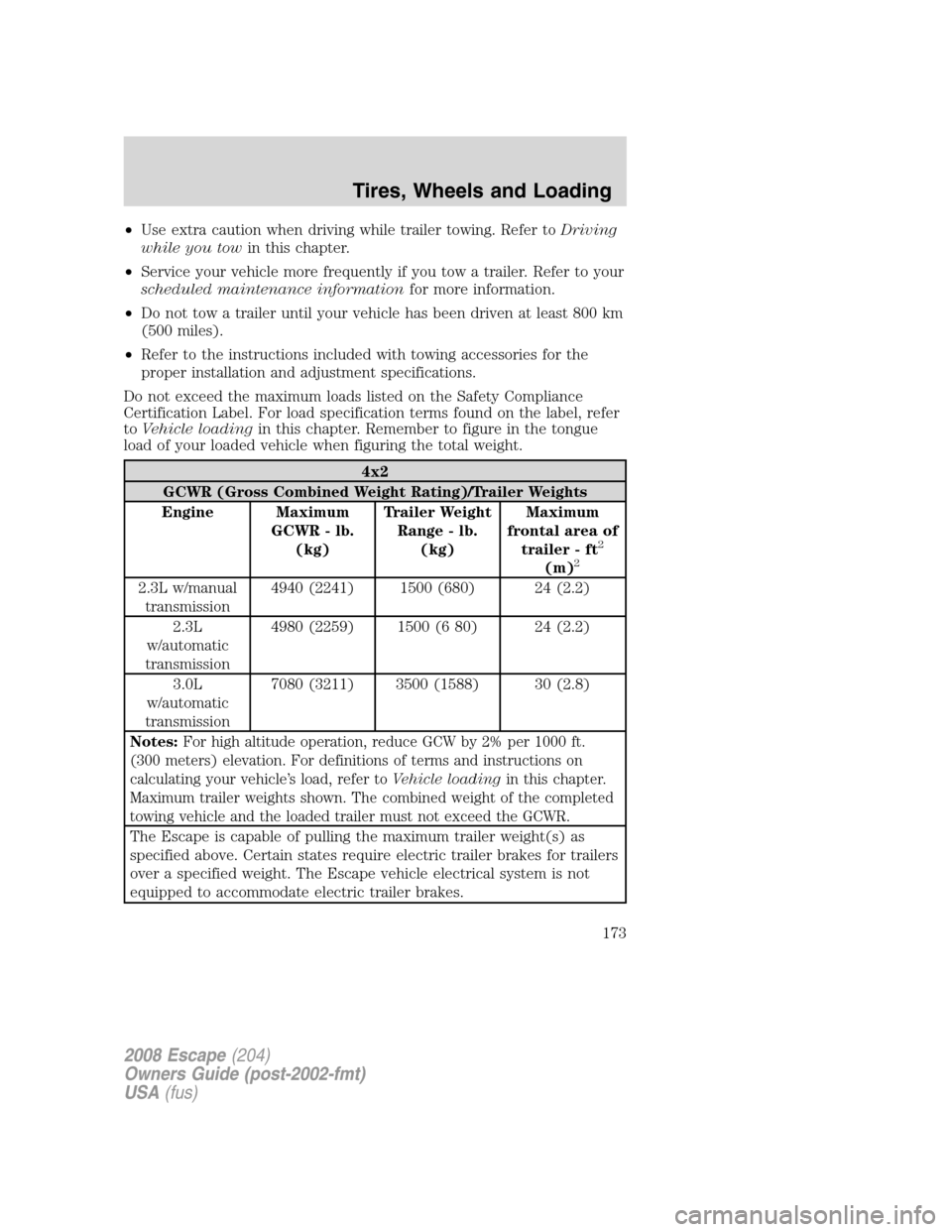 FORD ESCAPE 2008 2.G Owners Manual •Use extra caution when driving while trailer towing. Refer toDriving
while you towin this chapter.
•Service your vehicle more frequently if you tow a trailer. Refer to your
scheduled maintenance FORD ESCAPE 2008 2.G Owners Manual •Use extra caution when driving while trailer towing. Refer toDriving
while you towin this chapter.
•Service your vehicle more frequently if you tow a trailer. Refer to your
scheduled maintenance