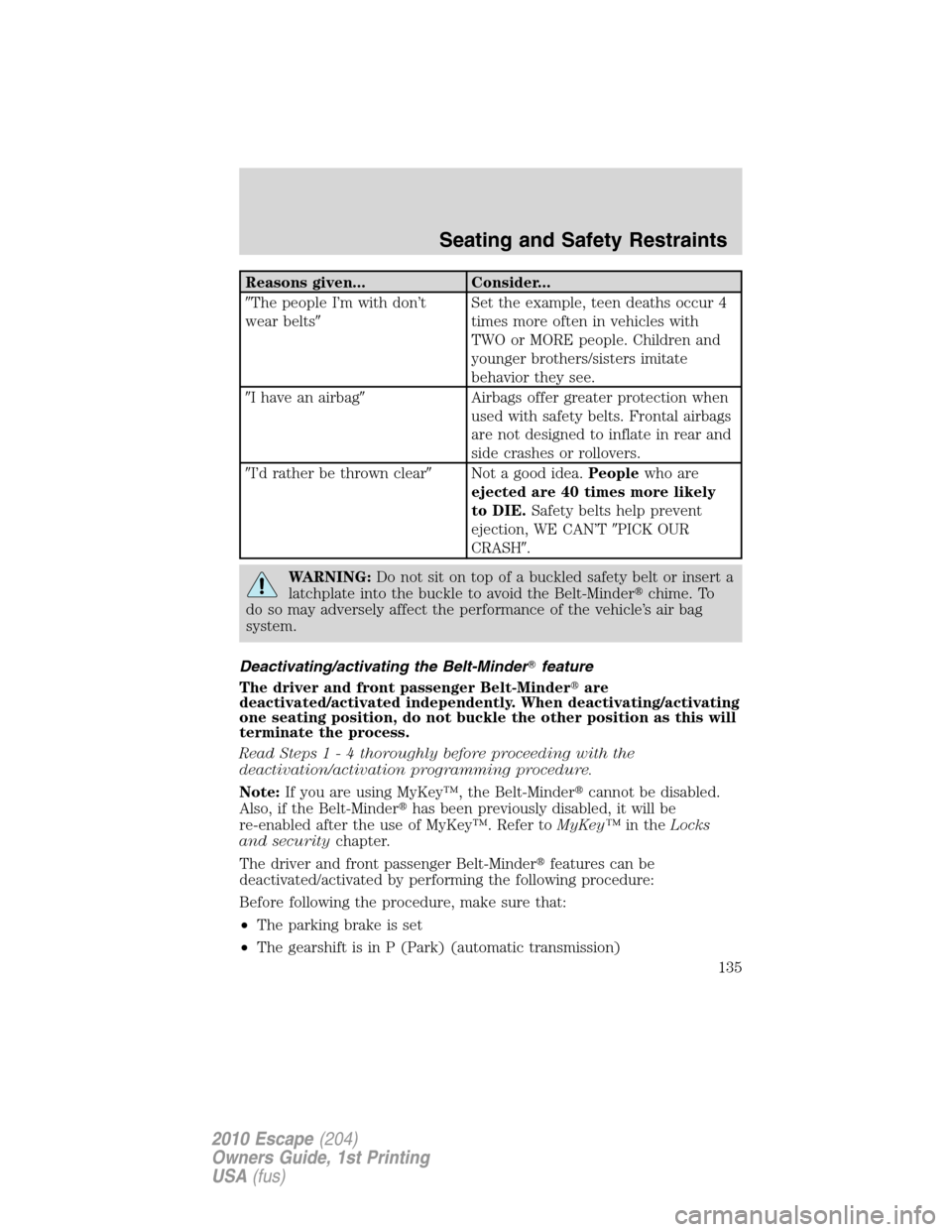 FORD ESCAPE 2010 2.G Owners Manual Reasons given... Consider...
The people I’m with don’t
wear beltsSet the example, teen deaths occur 4
times more often in vehicles with
TWO or MORE people. Children and
younger brothers/sisters 