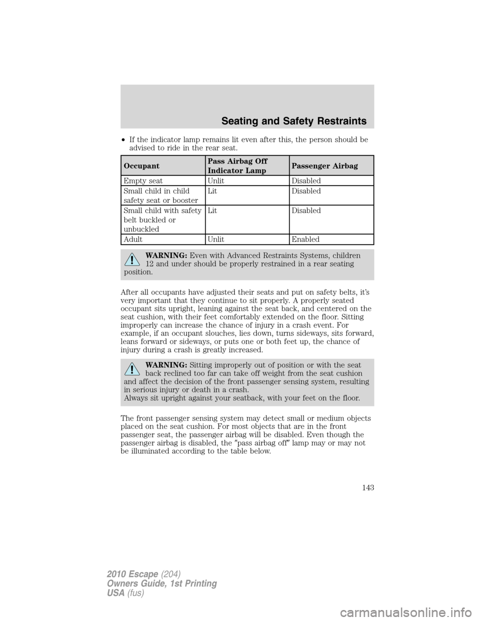 FORD ESCAPE 2010 2.G Owners Manual •If the indicator lamp remains lit even after this, the person should be
advised to ride in the rear seat.
OccupantPass Airbag Off
Indicator LampPassenger Airbag
Empty seat Unlit Disabled
Small chil