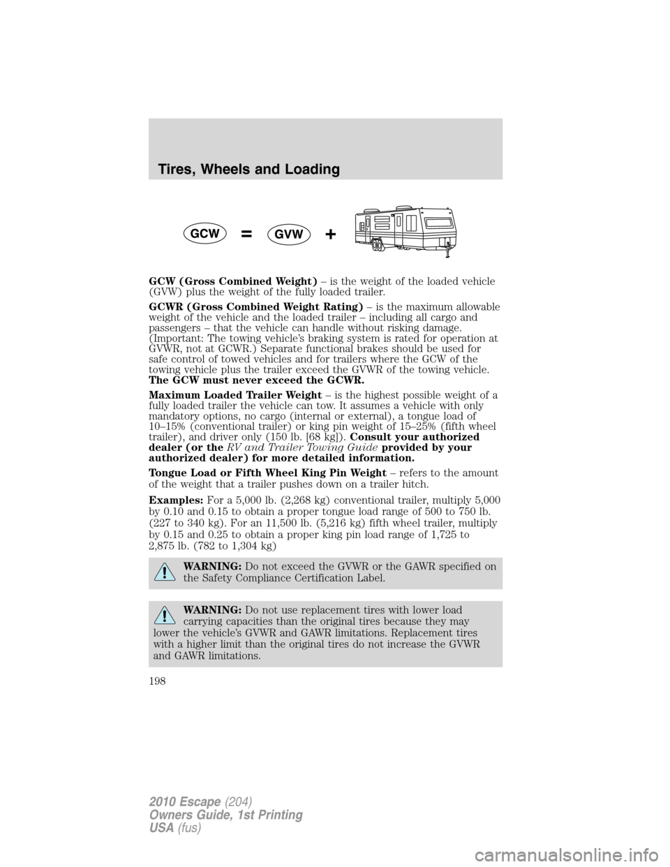 FORD ESCAPE 2010 2.G Owners Manual GCW (Gross Combined Weight)– is the weight of the loaded vehicle
(GVW) plus the weight of the fully loaded trailer.
GCWR (Gross Combined Weight Rating)– is the maximum allowable
weight of the vehi FORD ESCAPE 2010 2.G Owners Manual GCW (Gross Combined Weight)– is the weight of the loaded vehicle
(GVW) plus the weight of the fully loaded trailer.
GCWR (Gross Combined Weight Rating)– is the maximum allowable
weight of the vehi