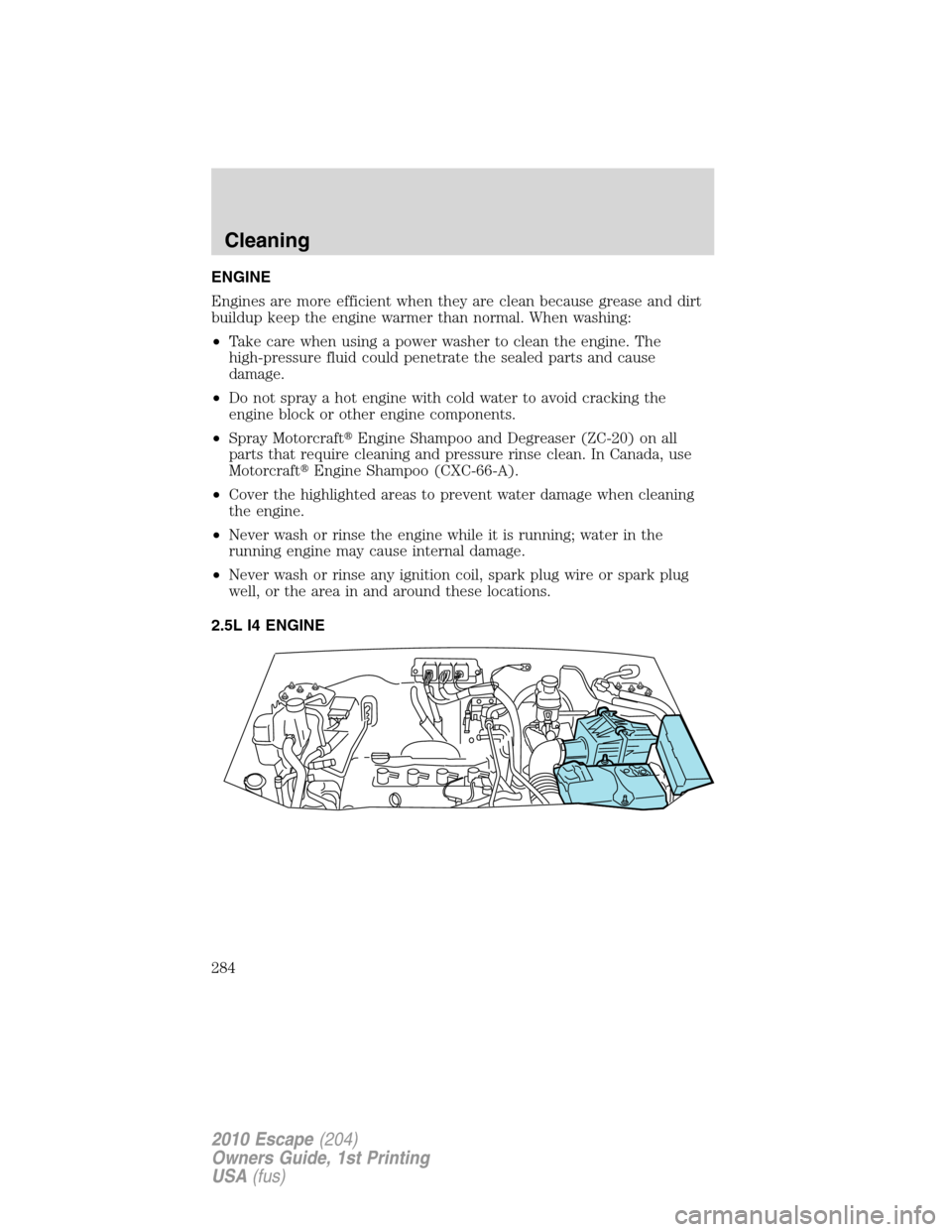FORD ESCAPE 2010 2.G Owners Manual ENGINE
Engines are more efficient when they are clean because grease and dirt
buildup keep the engine warmer than normal. When washing:
•Take care when using a power washer to clean the engine. The
