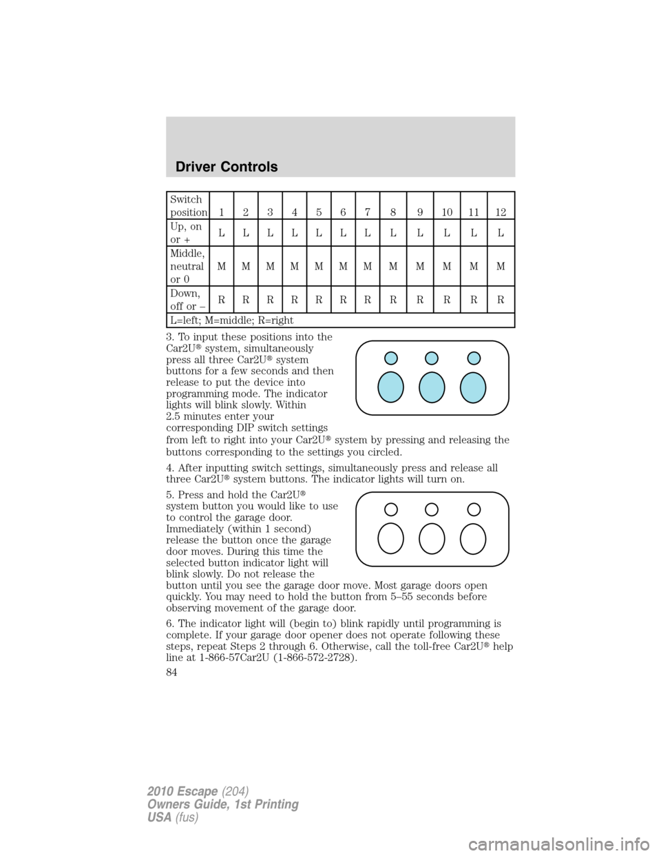 FORD ESCAPE 2010 2.G Owners Manual Switch
position1234567 8 9101112
Up, on
or +LLLLLLLLLLLL
Middle,
neutral
or 0MMMMMMMMMMMM
Down,
offor–RRRRRRRRRRRR
L=left; M=middle; R=right
3. To input these positions into the
Car2Usystem, simult