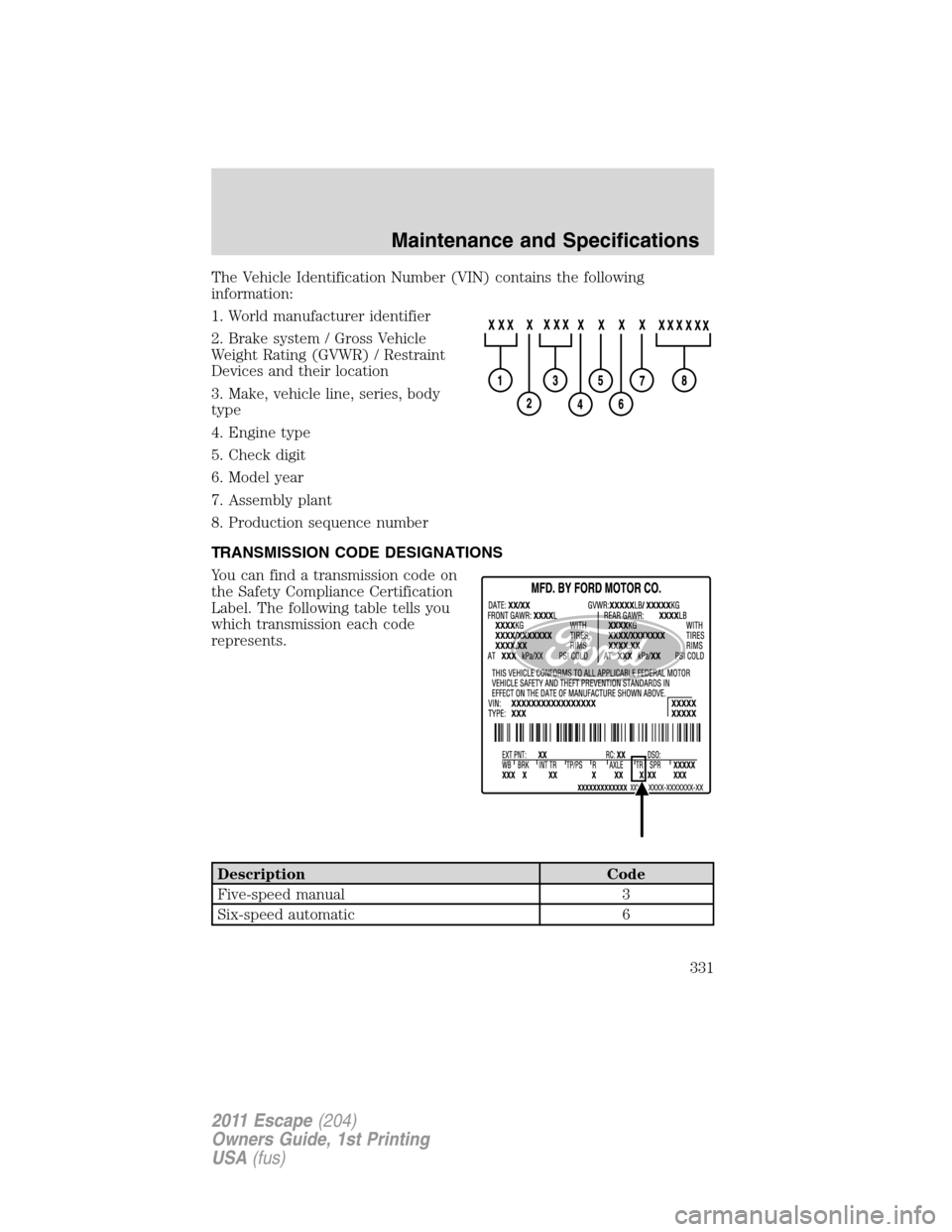 FORD ESCAPE 2011 2.G Owners Guide The Vehicle Identification Number (VIN) contains the following
information:
1. World manufacturer identifier
2. Brake system / Gross Vehicle
Weight Rating (GVWR) / Restraint
Devices and their location