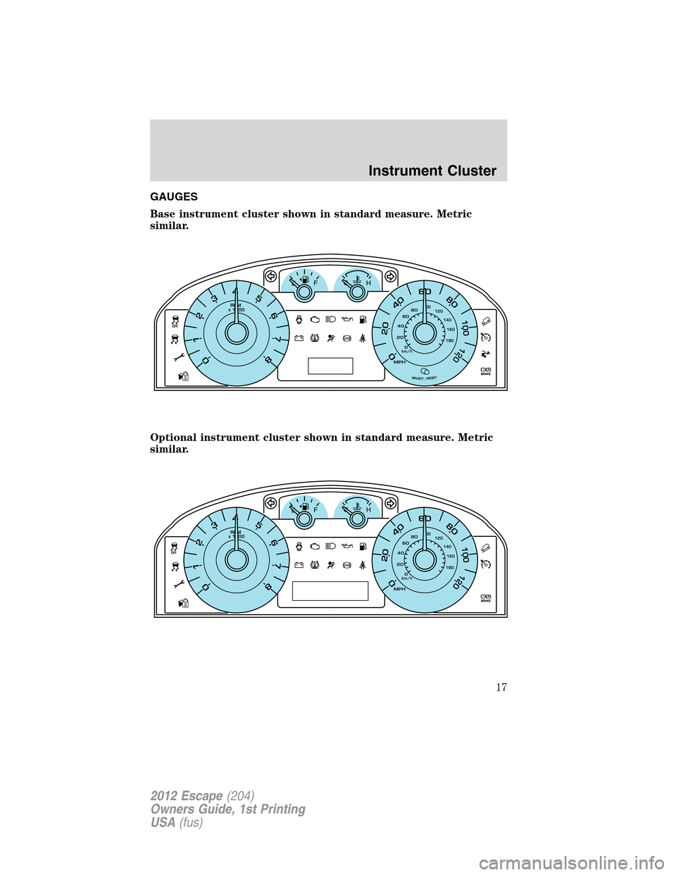 FORD ESCAPE 2012 2.G User Guide GAUGES
Base instrument cluster shown in standard measure. Metric
similar.
Optional instrument cluster shown in standard measure. Metric
similar.
100
60EFC
H
MPH
6
7
534
2
1
0
RPM 
x 1000
80
20
4080
10