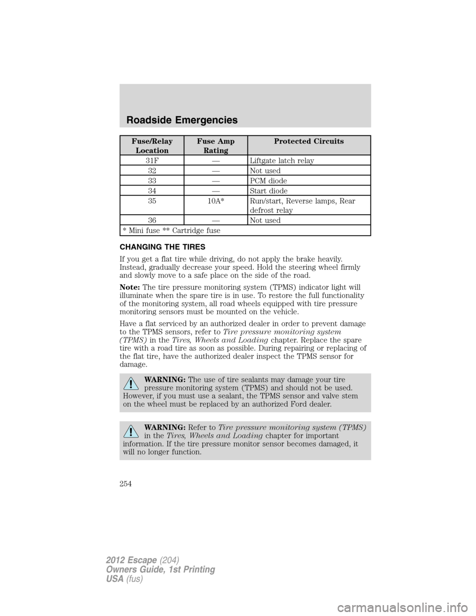 FORD ESCAPE 2012 2.G Owners Manual Fuse/Relay
LocationFuse Amp
RatingProtected Circuits
31F — Liftgate latch relay
32 — Not used
33 — PCM diode
34 — Start diode
35 10A* Run/start, Reverse lamps, Rear
defrost relay
36 — Not us