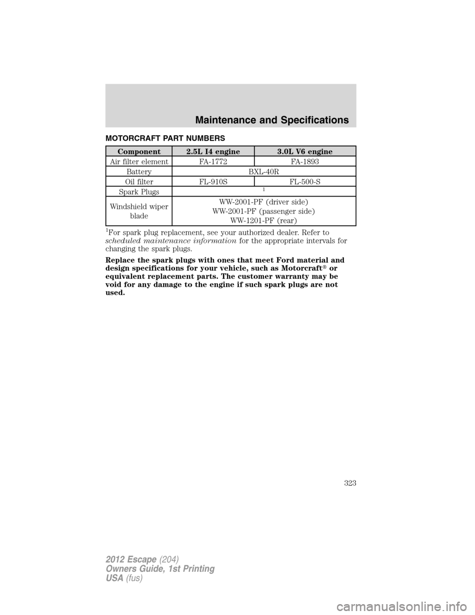 FORD ESCAPE 2012 2.G Owners Manual MOTORCRAFT PART NUMBERS
Component 2.5L I4 engine 3.0L V6 engine
Air filter element FA-1772 FA-1893
Battery BXL-40R
Oil filter FL-910S FL-500-S
Spark Plugs
1
Windshield wiper
bladeWW-2001-PF (driver si