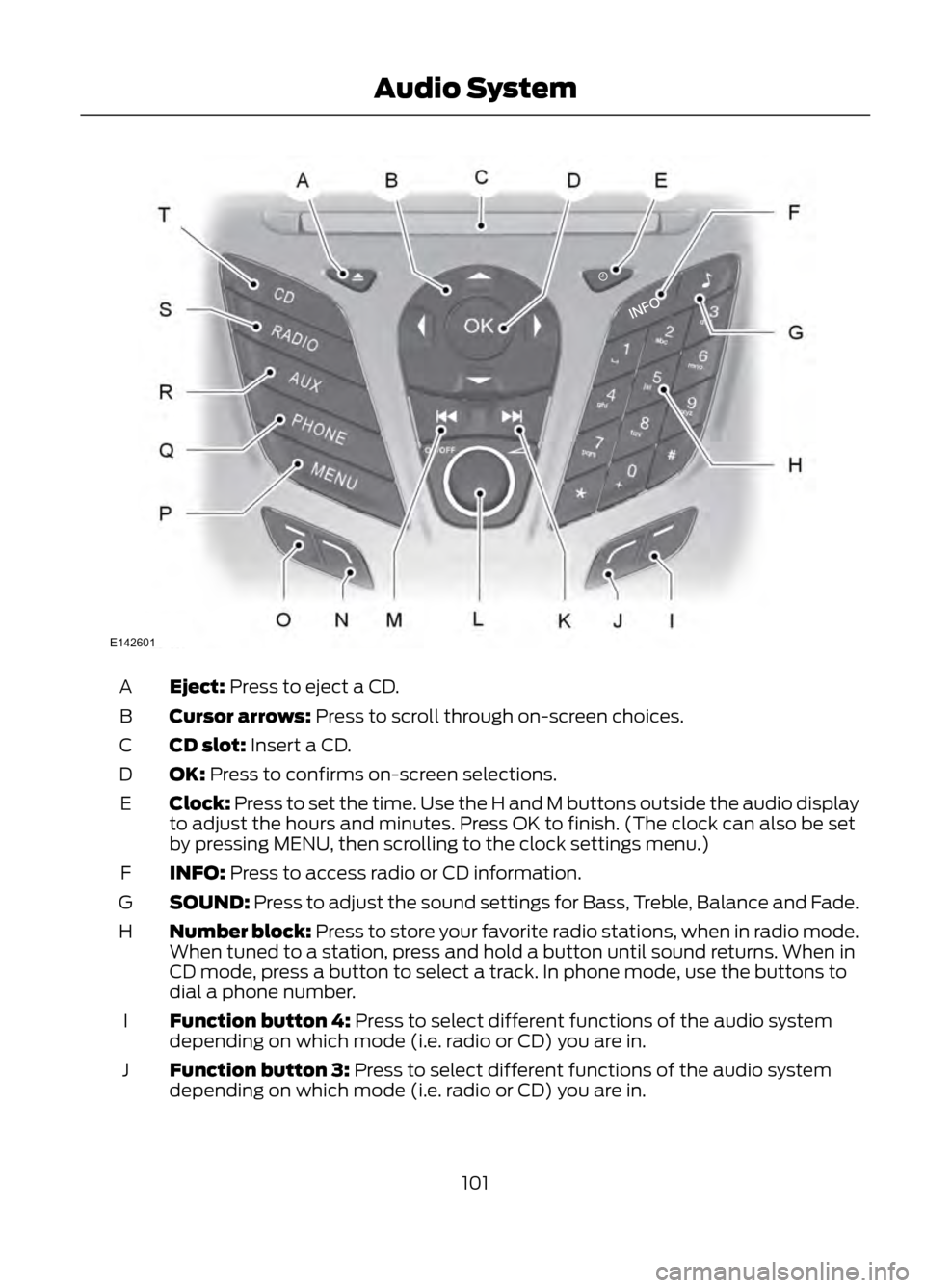 FORD ESCAPE 2013 3.G Owners Manual Eject: Press to eject a CD.
A
Cursor arrows: Press to scroll through on-screen choices.
B
CD slot: Insert a CD.
C
OK: Press to confirms on-screen selections.
D
Clock: Press to set the time. Use the H 