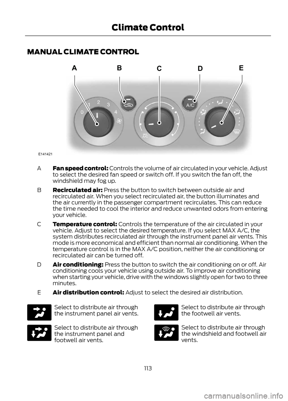 FORD ESCAPE 2013 3.G Owners Manual MANUAL CLIMATE CONTROL
Fan speed control: Controls the volume of air circulated in your vehicle. Adjust
to select the desired fan speed or switch off. If you switch the fan off, the
windshield may fog