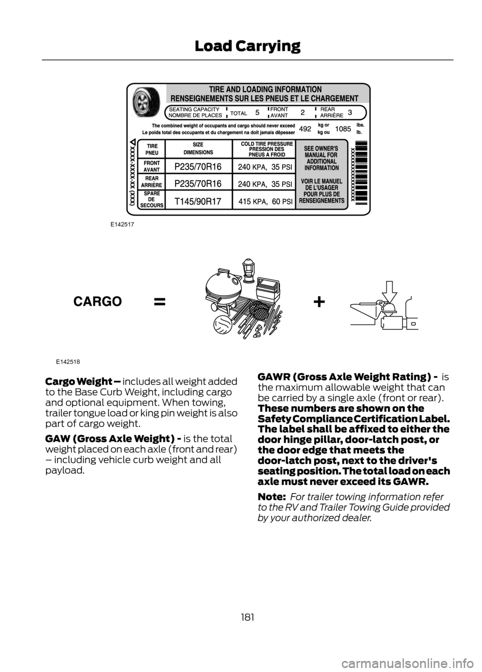 FORD ESCAPE 2013 3.G Owners Manual Cargo Weight – includes all weight added
to the Base Curb Weight, including cargo
and optional equipment. When towing,
trailer tongue load or king pin weight is also
part of cargo weight.
GAW (Gross FORD ESCAPE 2013 3.G Owners Manual Cargo Weight – includes all weight added
to the Base Curb Weight, including cargo
and optional equipment. When towing,
trailer tongue load or king pin weight is also
part of cargo weight.
GAW (Gross